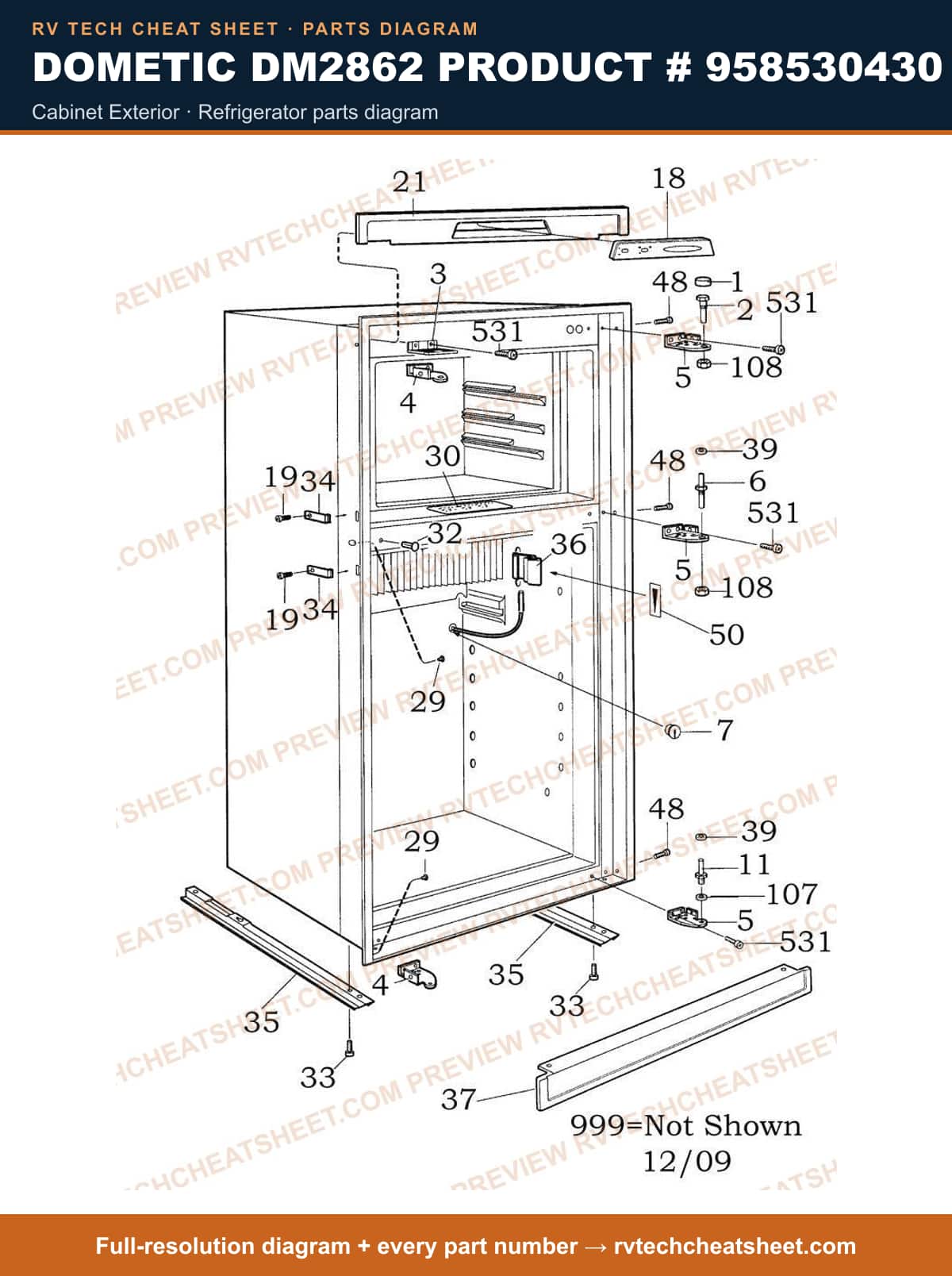 Dometic DM2862 Product # 958530430 cabinet exterior — parts list sheet