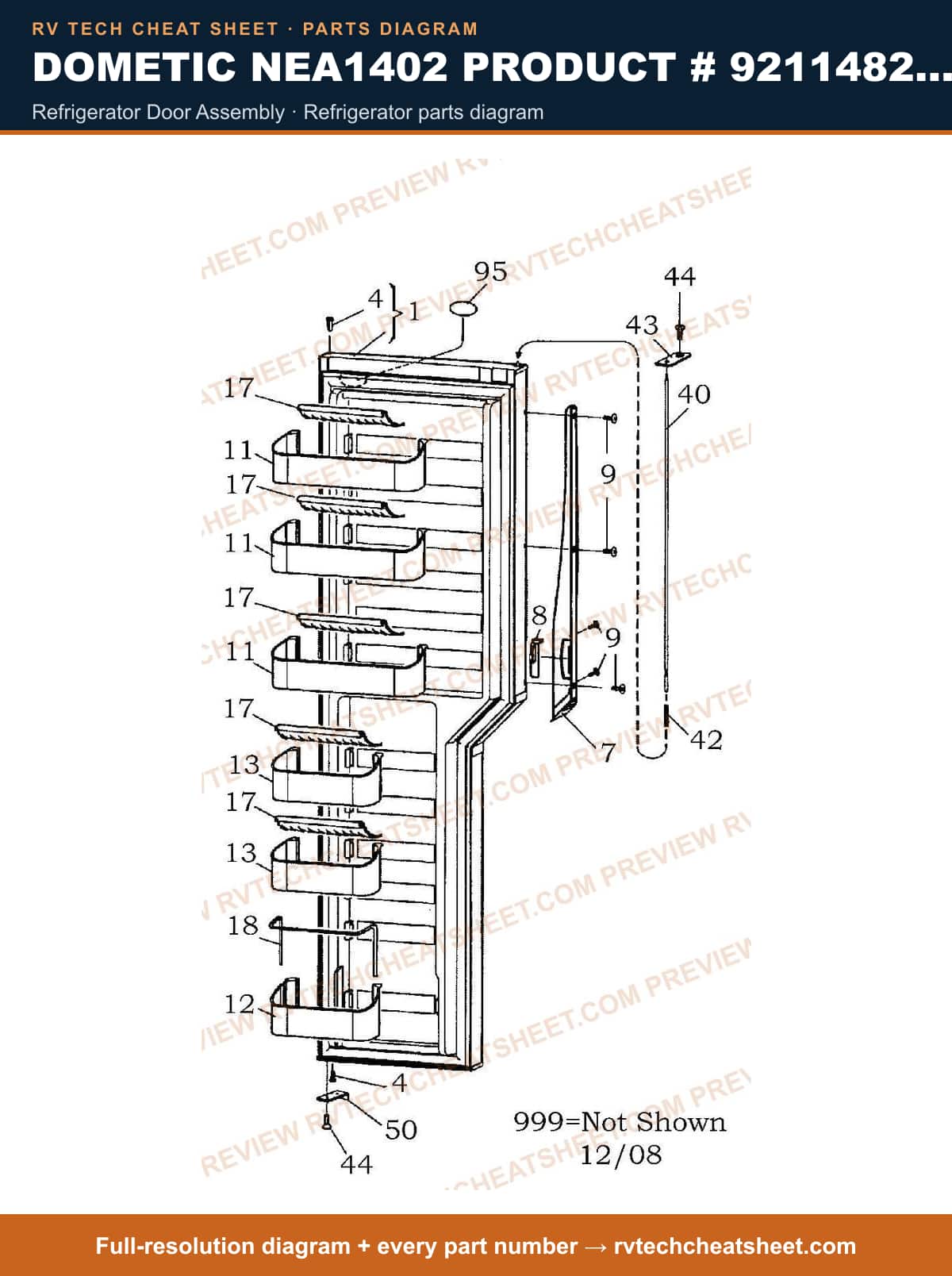 Dometic NEA1402 Product # 921148281 refrigerator door assembly — parts list sheet