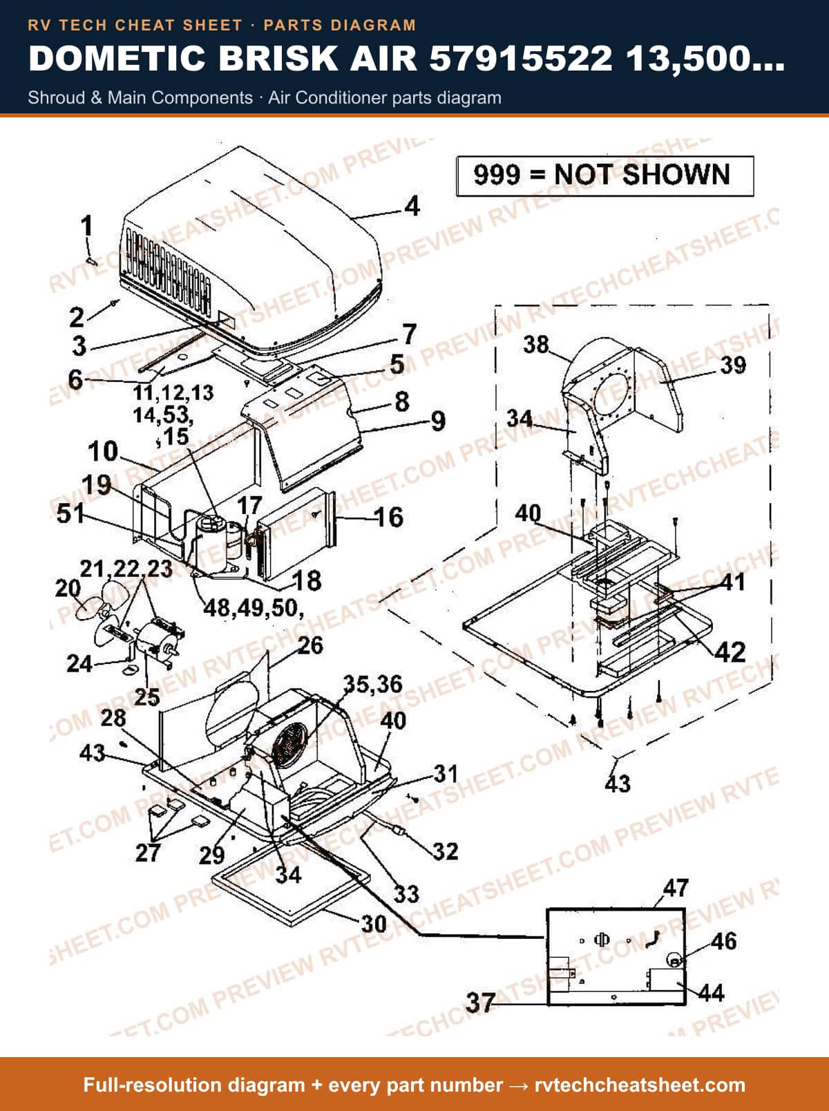 Dometic Brisk Air 57915522 13,500 BTU shroud & main components — exploded parts diagram