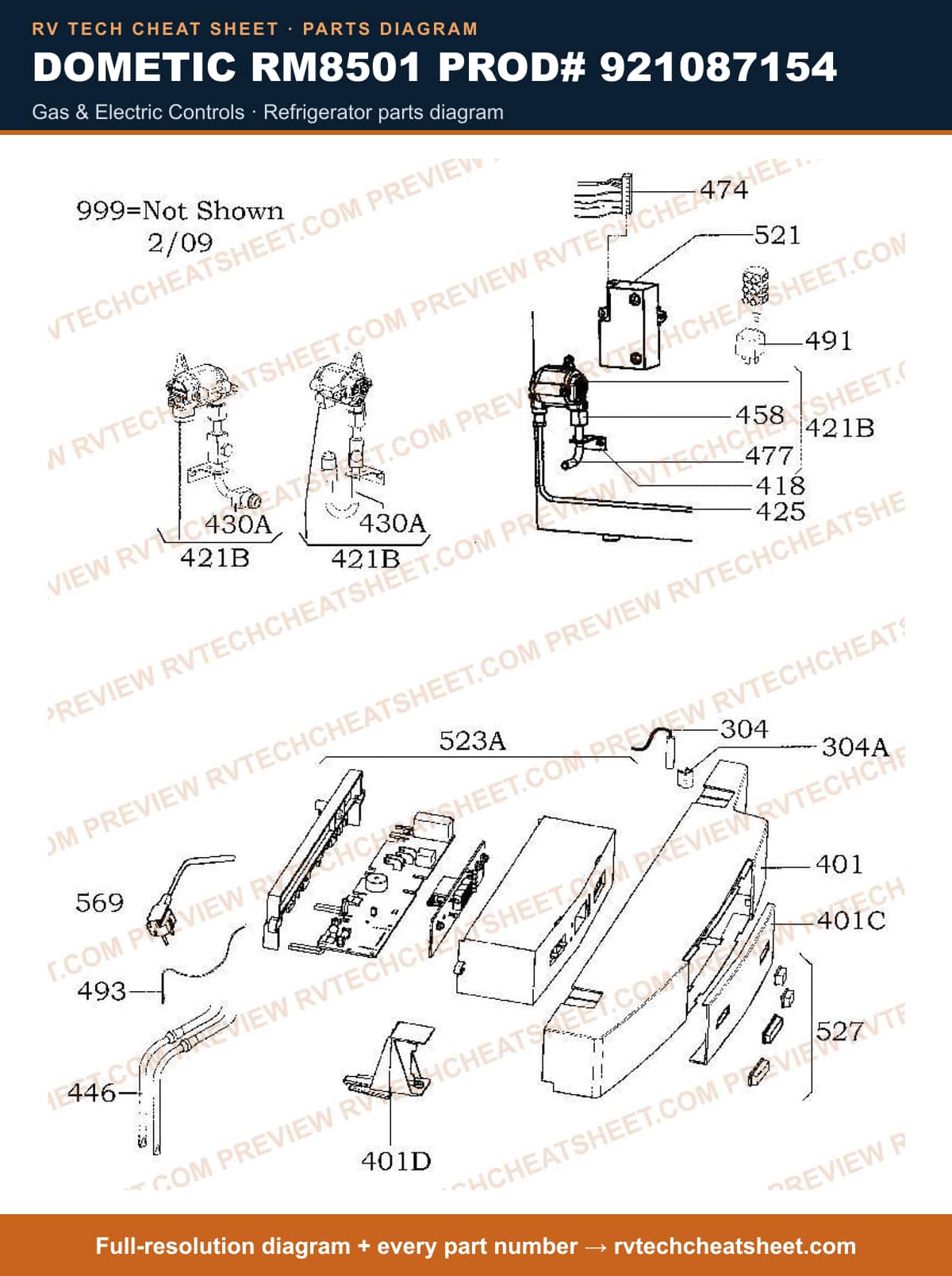 Dometic RM8501 Prod# 921087154 gas & electric controls — parts list sheet