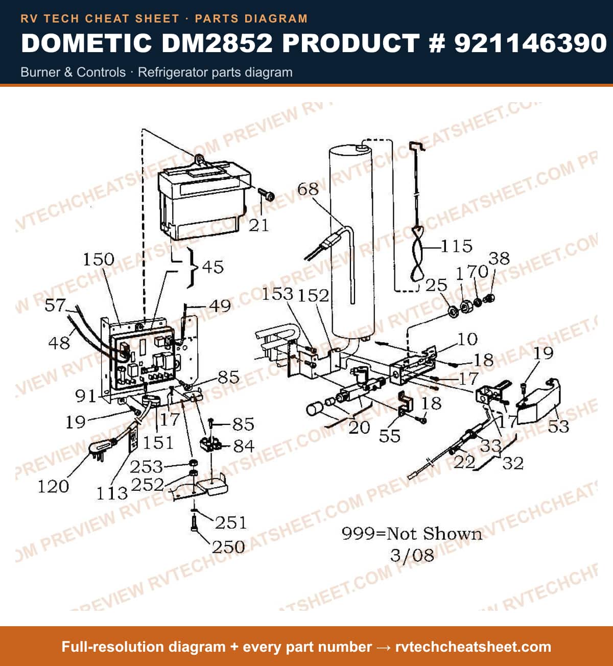 Dometic DM2852 Product # 921146390 burner & controls — parts list sheet