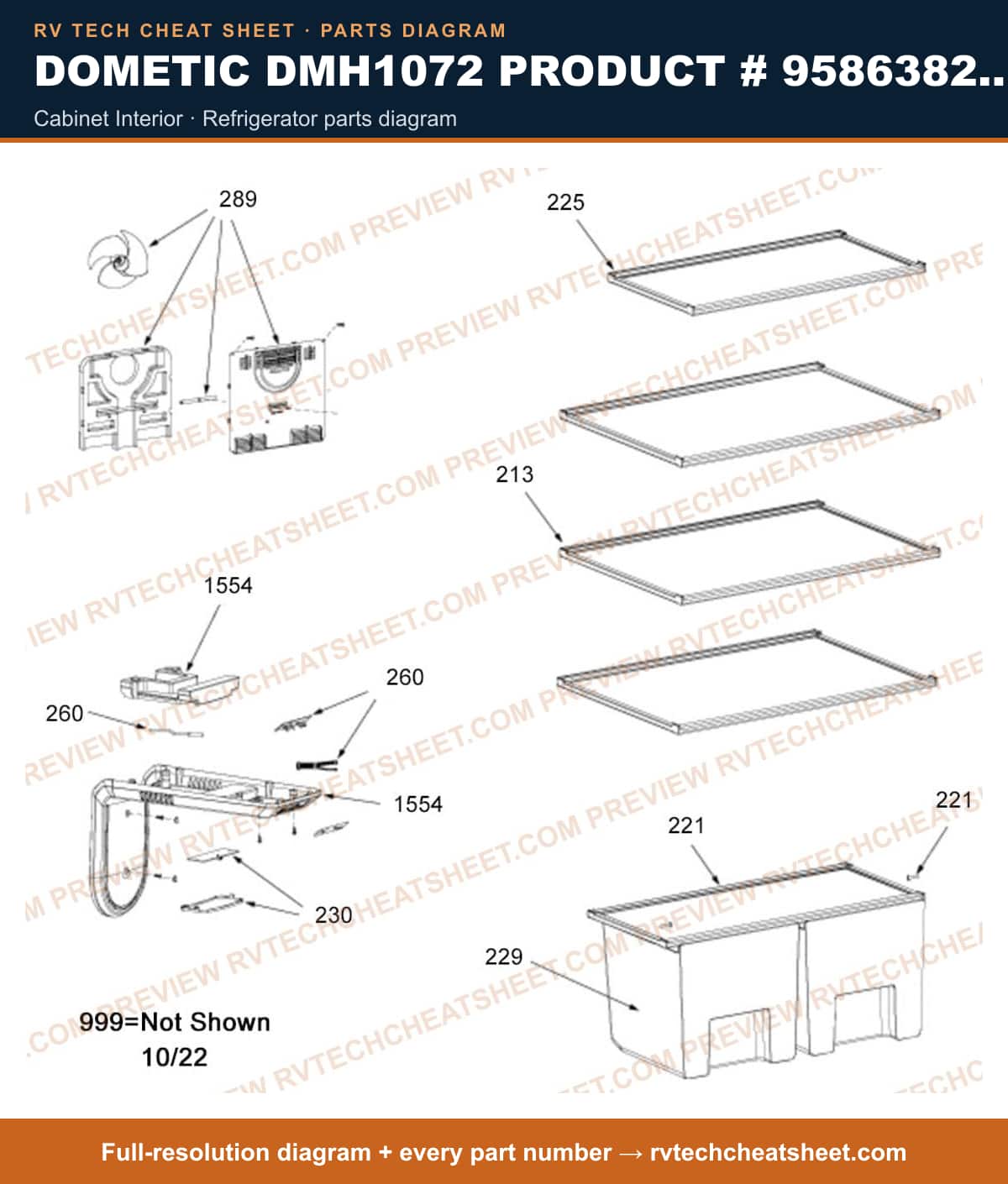 Dometic DMH1072 Product # 958638247 cabinet interior — parts list sheet