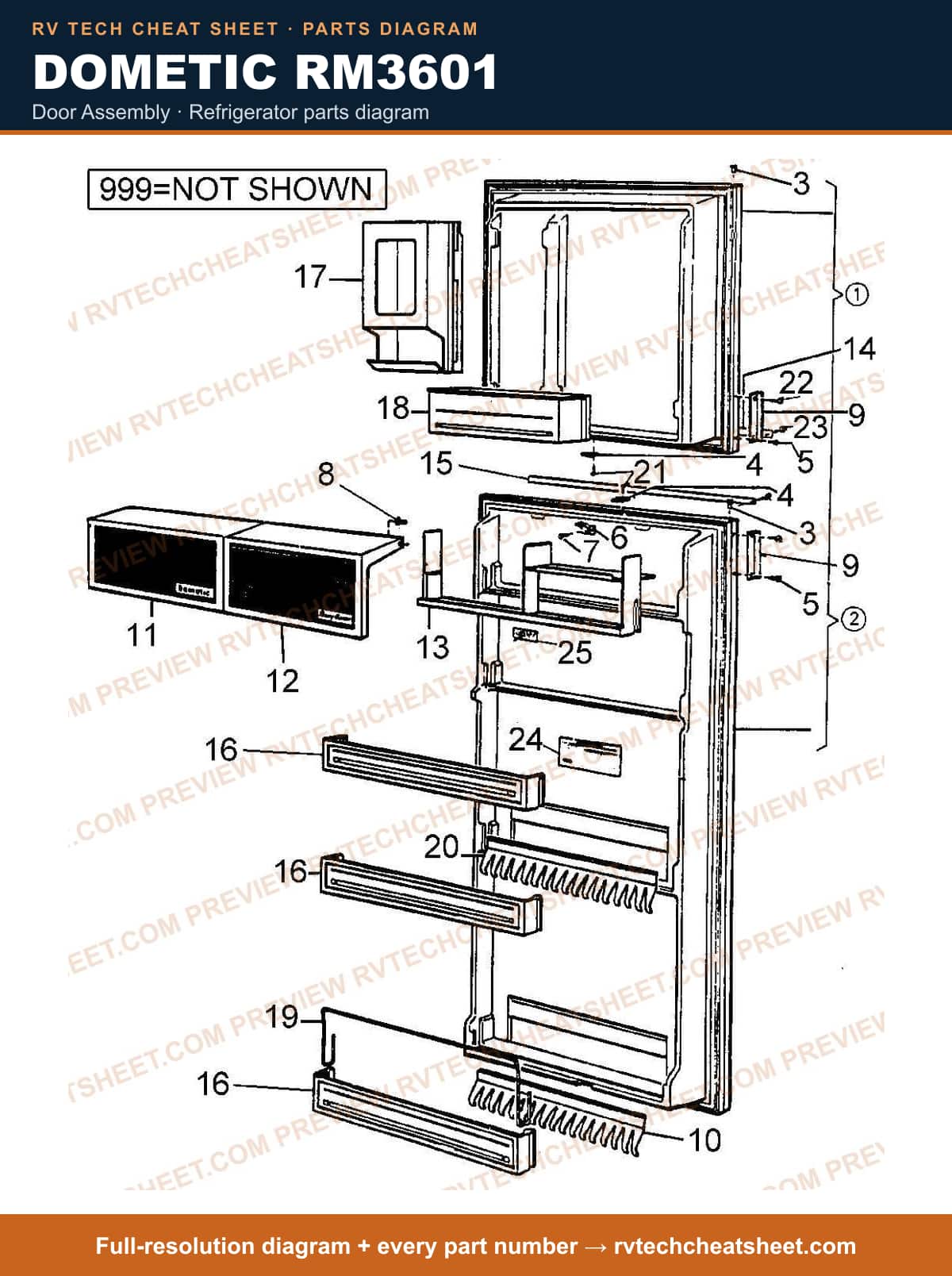 Dometic RM3601 door assembly — parts list sheet