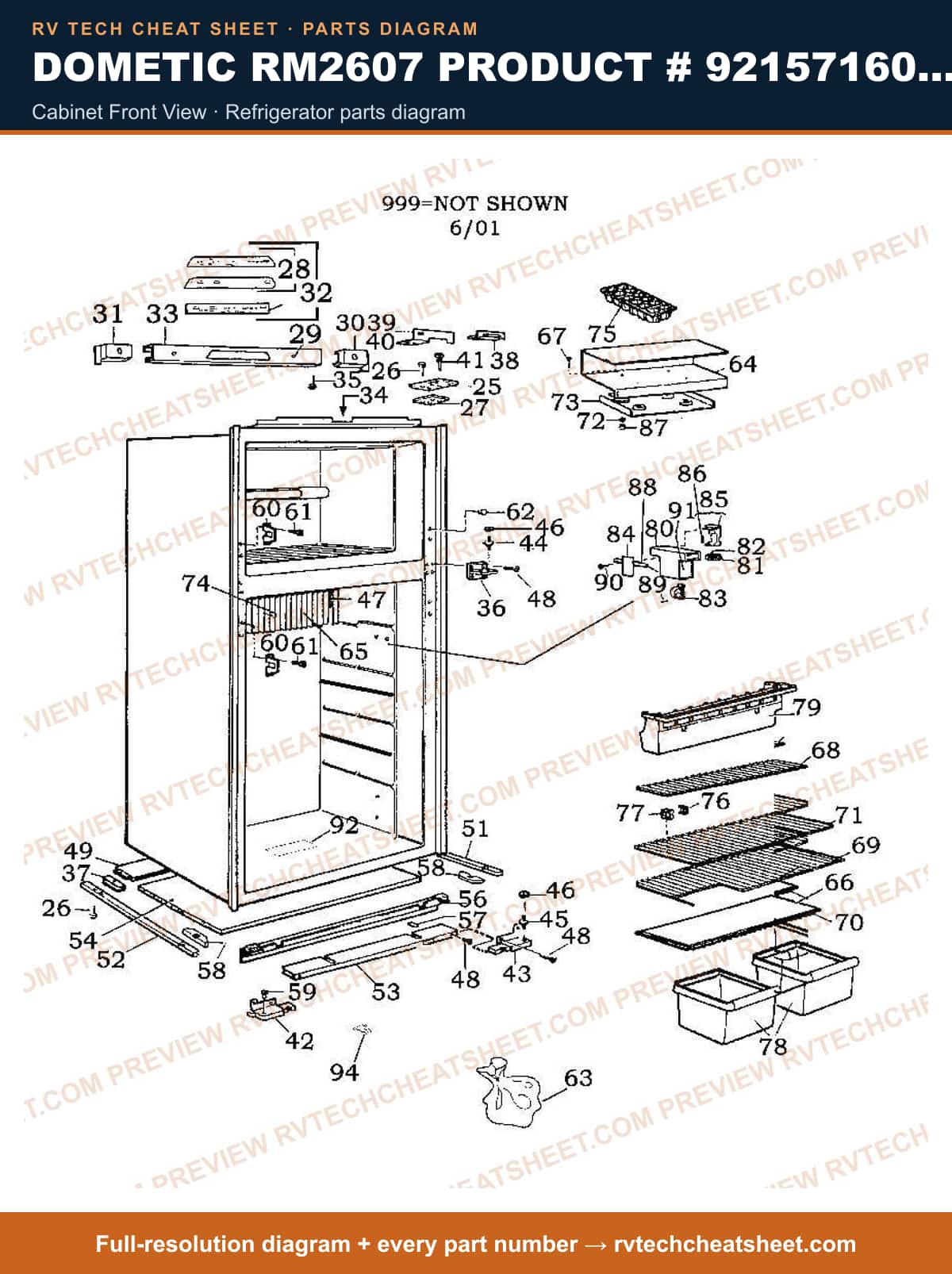 Dometic RM2607 Product # 921571601 2-WAY cabinet front view — parts list sheet