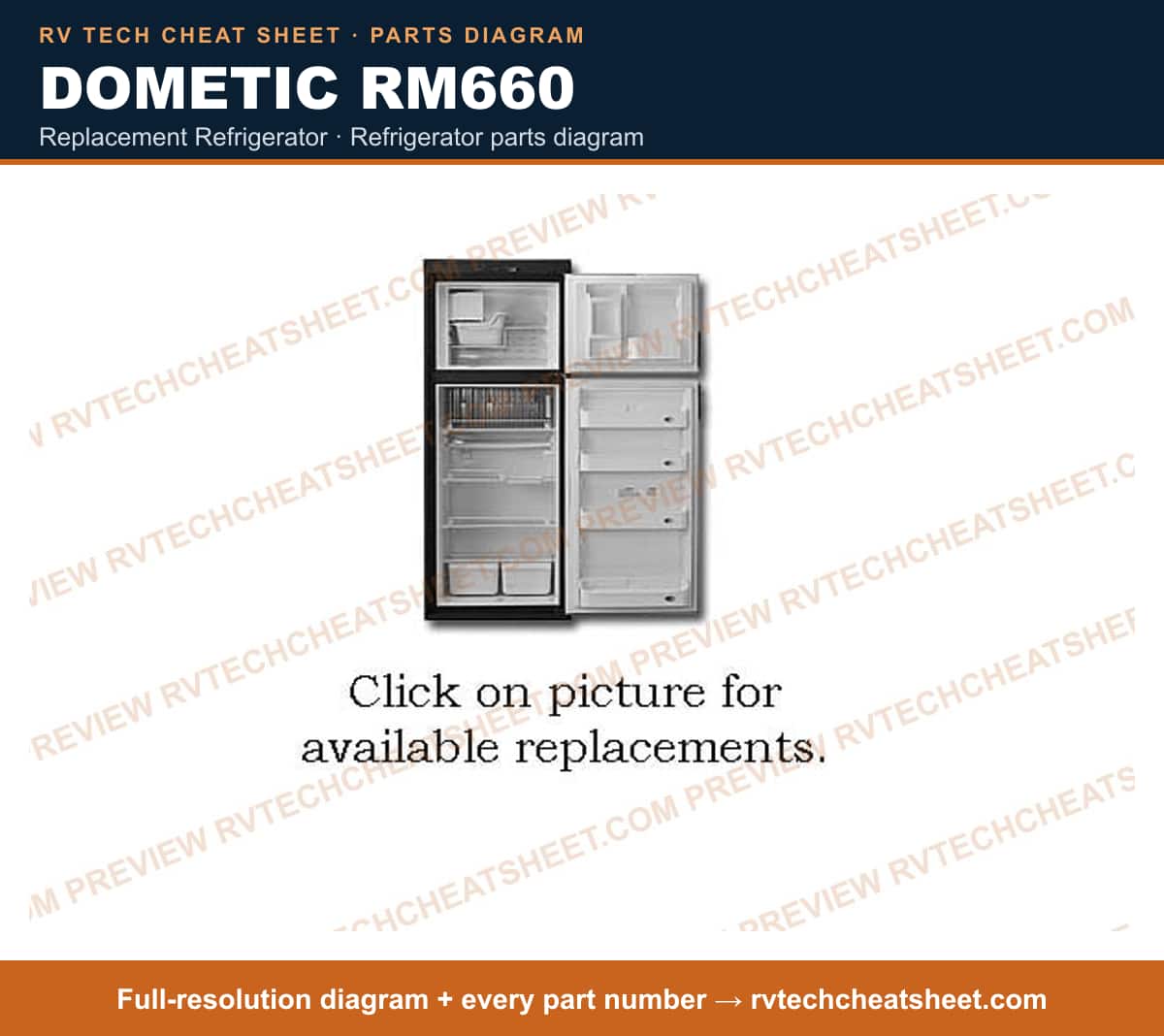 Dometic RM660 replacement refrigerator — parts list sheet