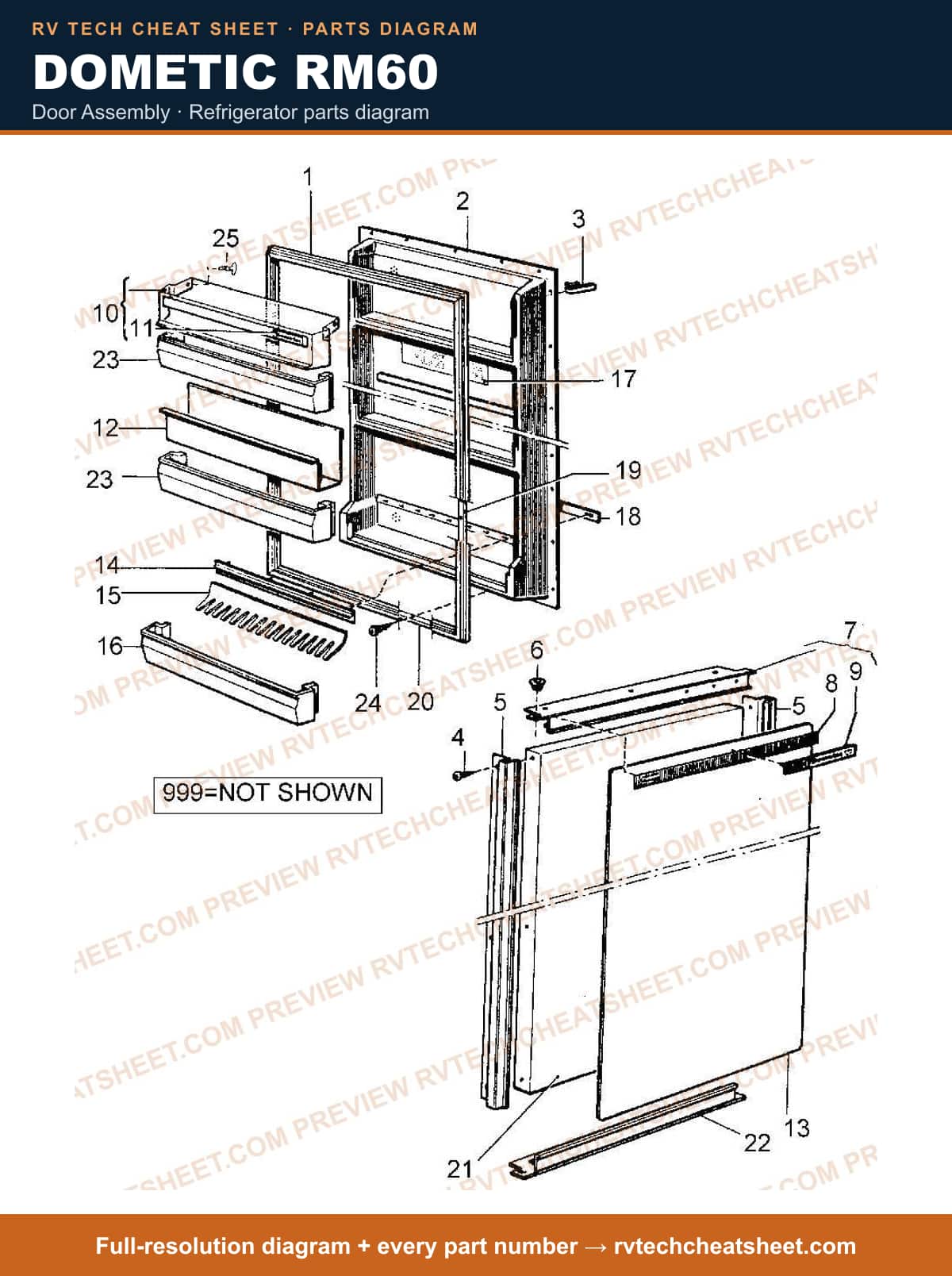 Dometic RM60 door assembly — parts list sheet