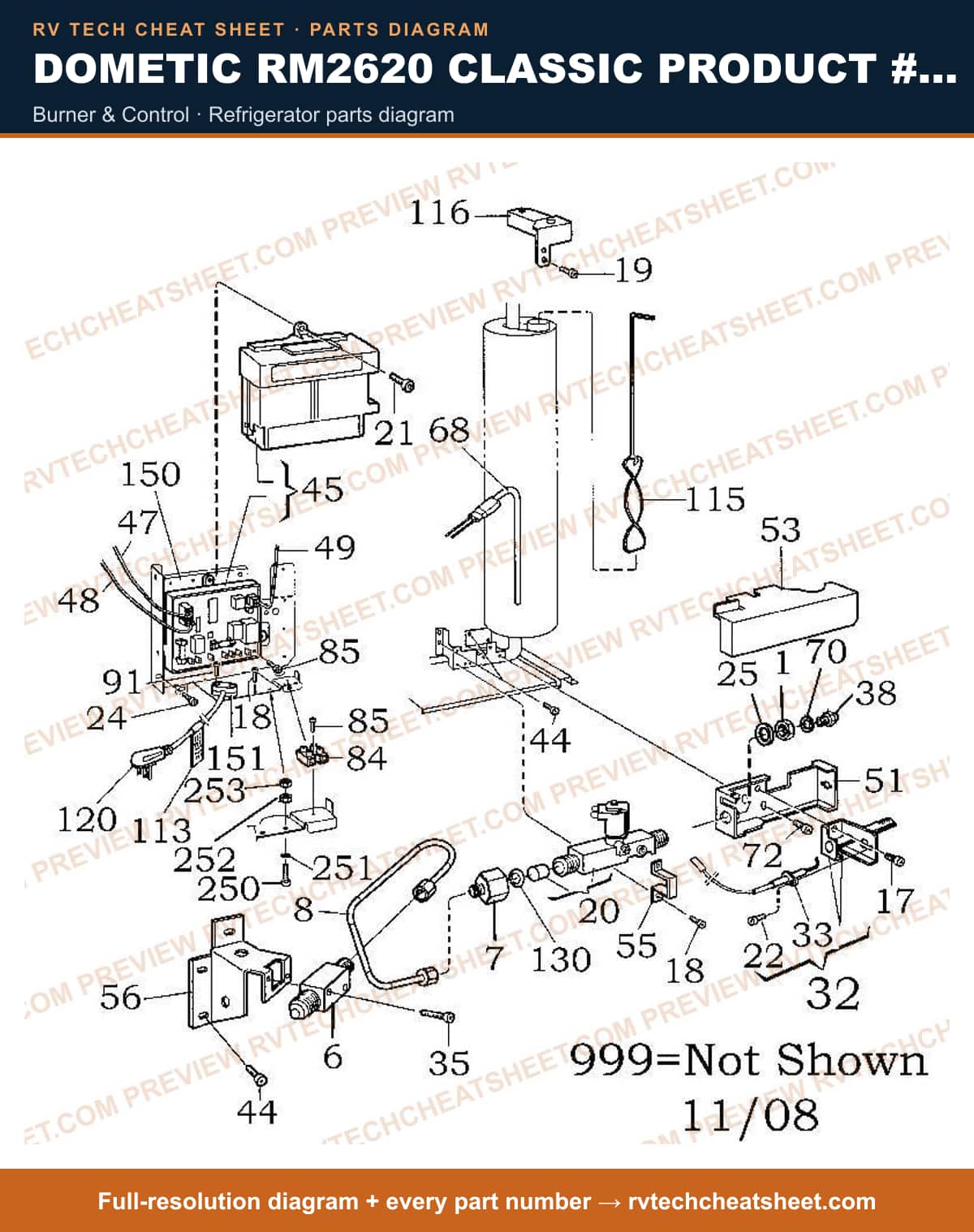 Dometic RM2620 Classic Product # 921575014 Taupe burner & control — parts list sheet