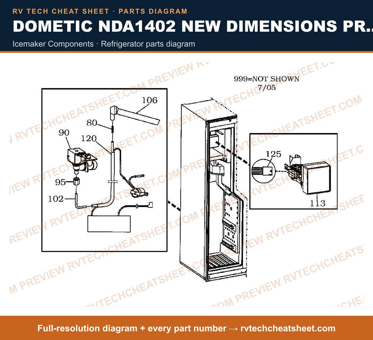 Dometic NDA1402 New Dimensions Product # 921148254 Black icemaker components — parts list sheet