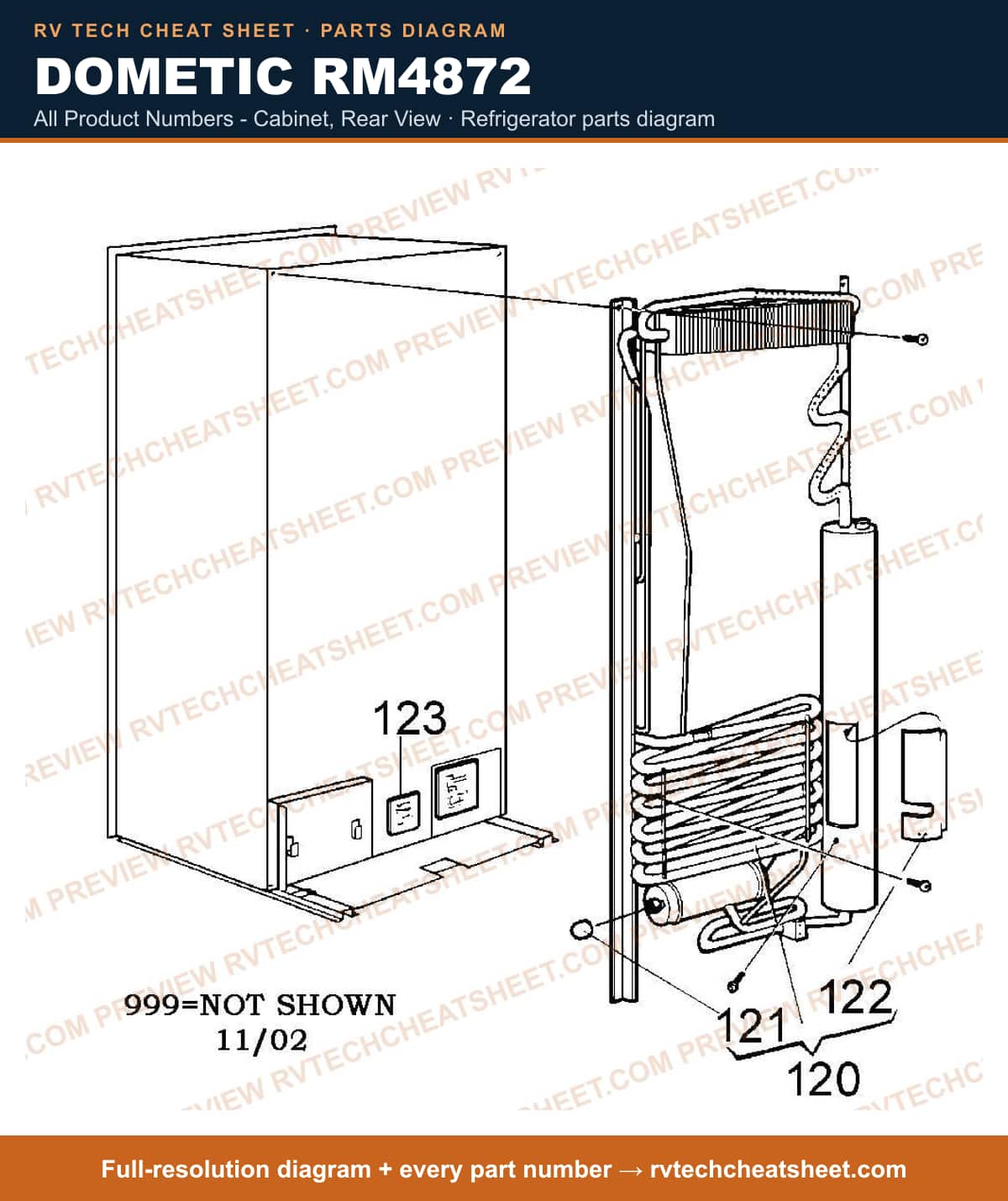 Dometic RM4872 all product numbers - cabinet, rear view — parts list sheet