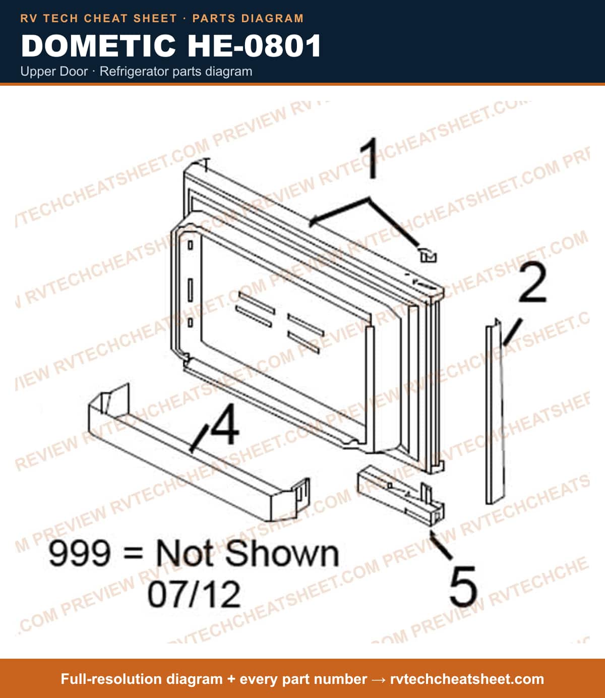 Dometic HE-0801 upper door — parts list sheet 1 of 2