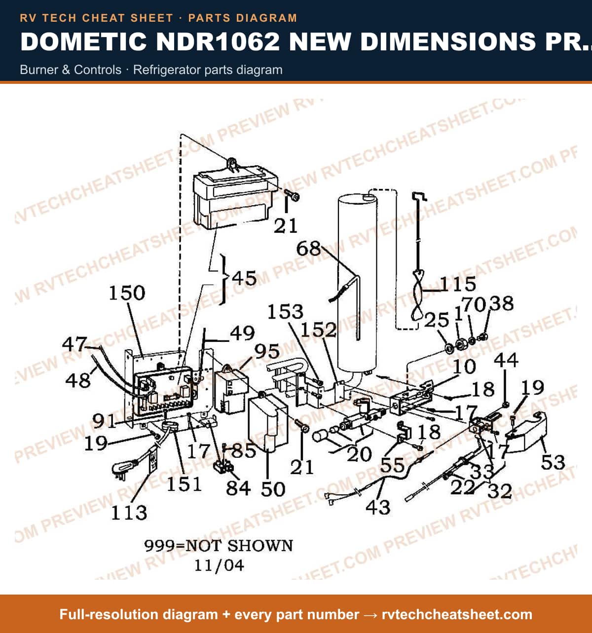 Dometic NDR1062 New Dimensions Product # 921146122 (black) burner & controls — parts list sheet