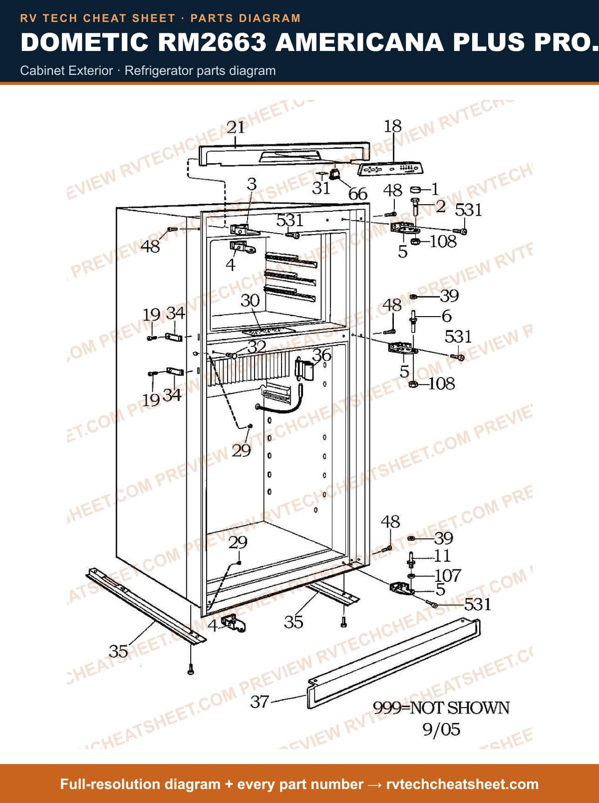 Dometic RM2663 Americana Plus Product # 921144066 Black cabinet exterior — parts list sheet
