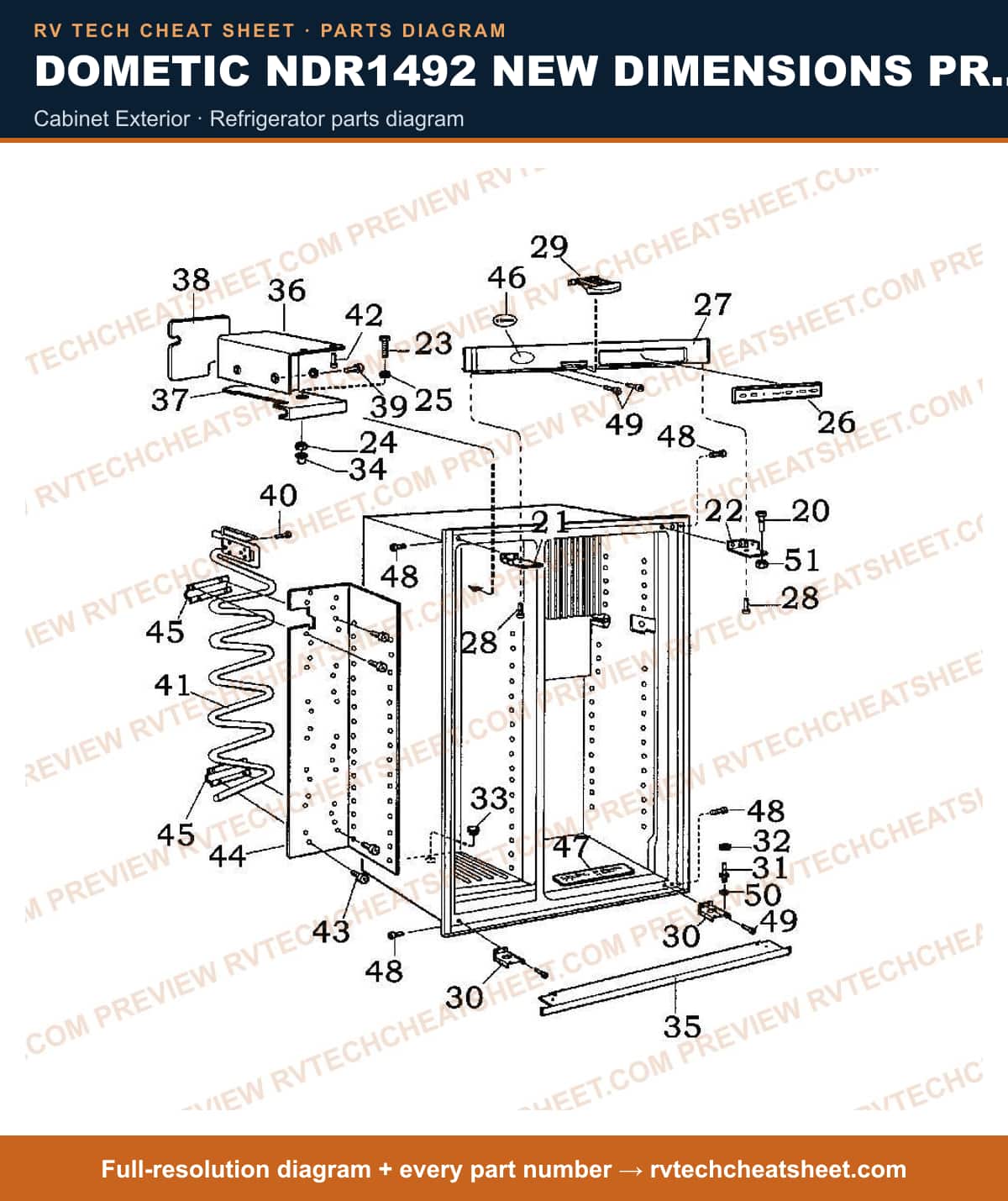 Dometic NDR1492 New Dimensions Product # 921148023 Black cabinet exterior — parts list sheet