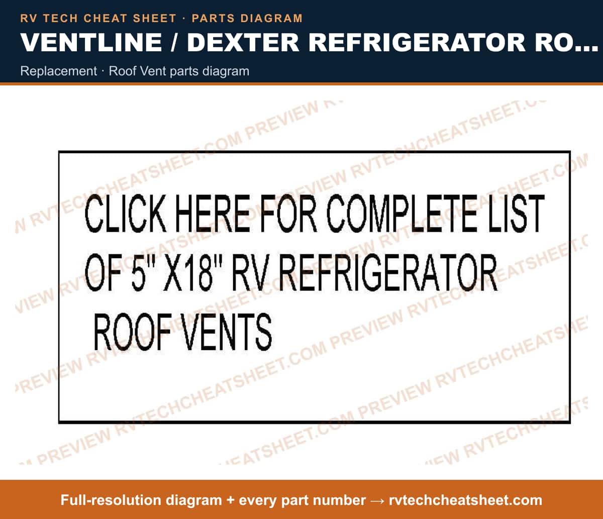 Ventline / Dexter Refrigerator Roof Vents / Outlet Fans & Vents 5 Inch X 18 Inch Roof Vents replacement — parts list sheet 1 of 3
