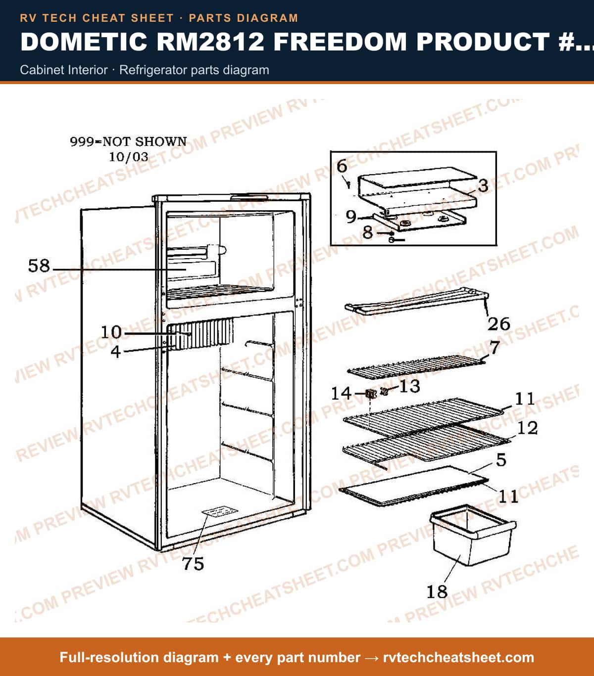 Dometic RM2812 Freedom Product # 921595701 cabinet interior — parts list sheet