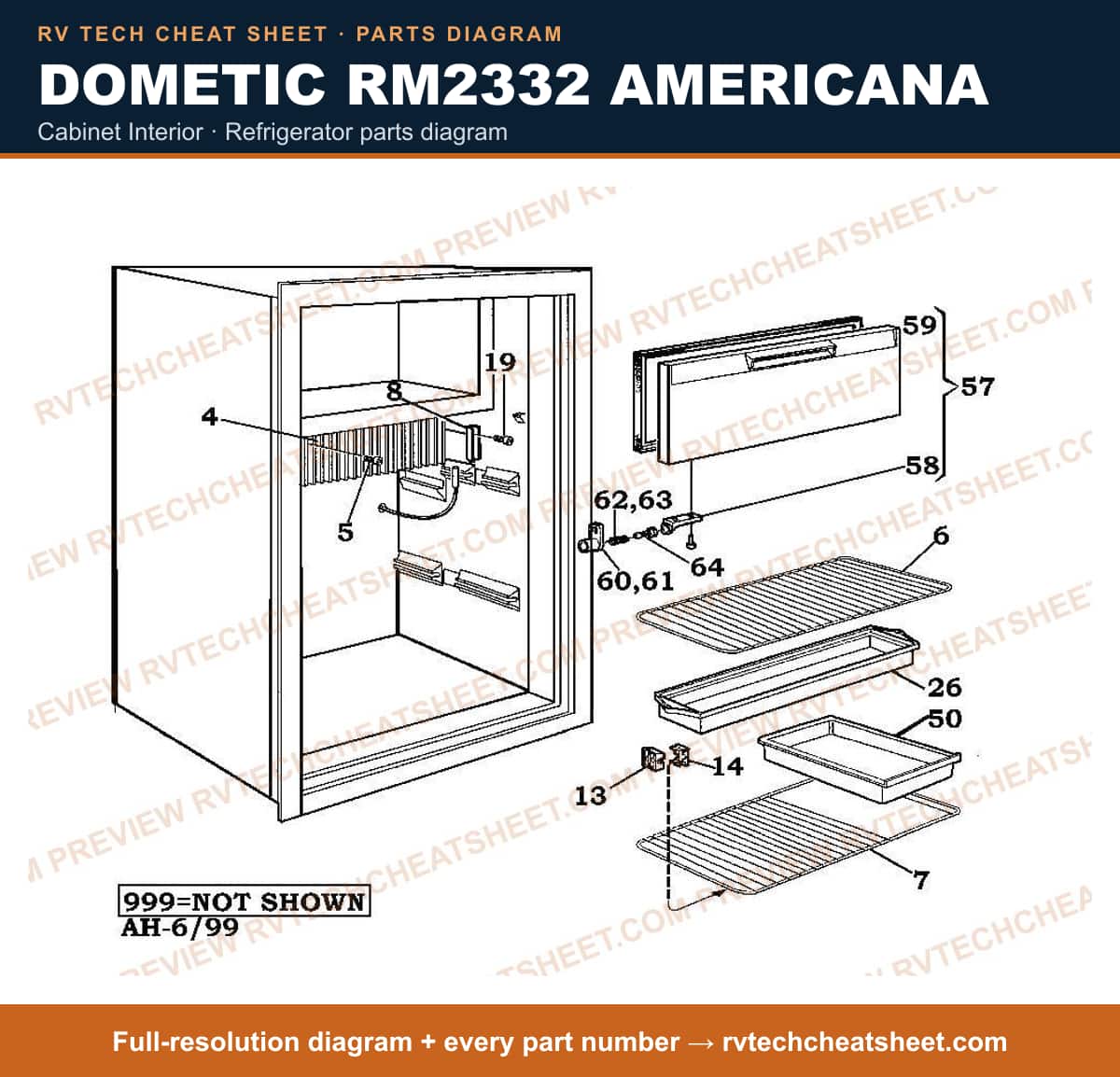 Dometic RM2332 Americana cabinet interior — parts list sheet