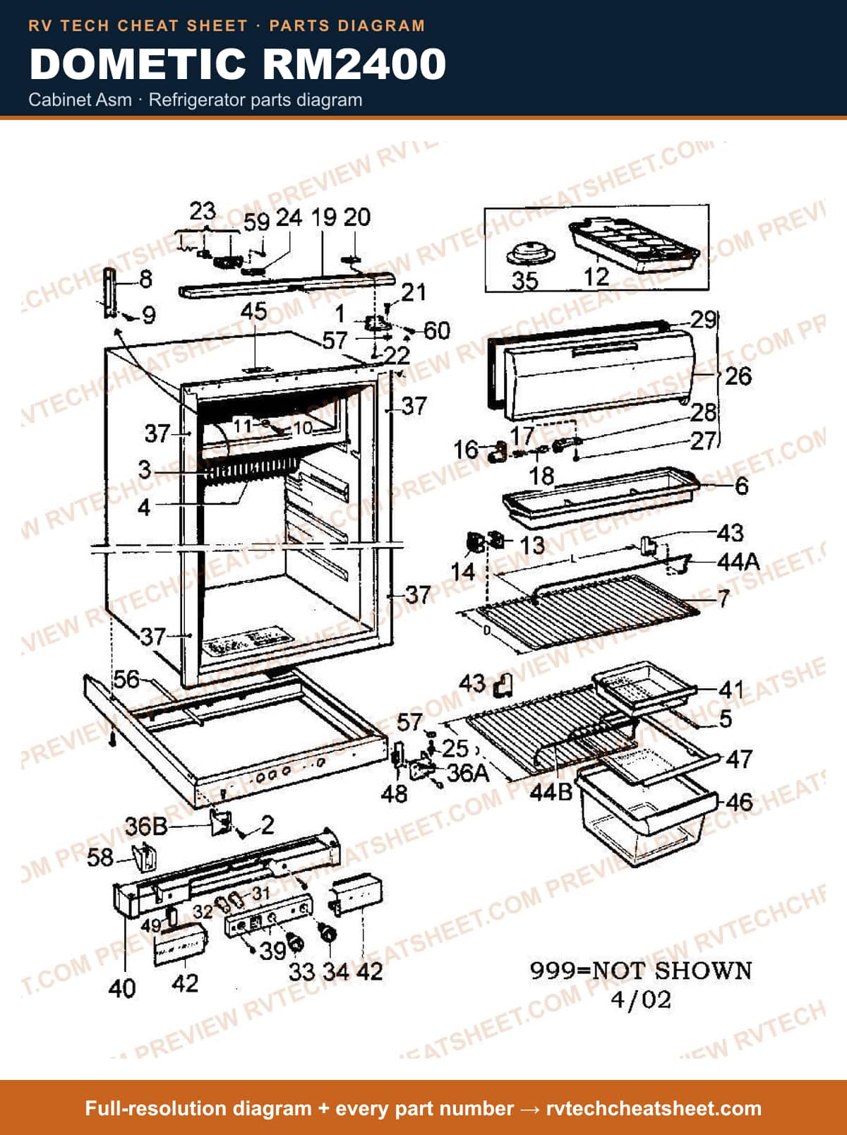 Dometic RM2400 cabinet asm — parts list sheet