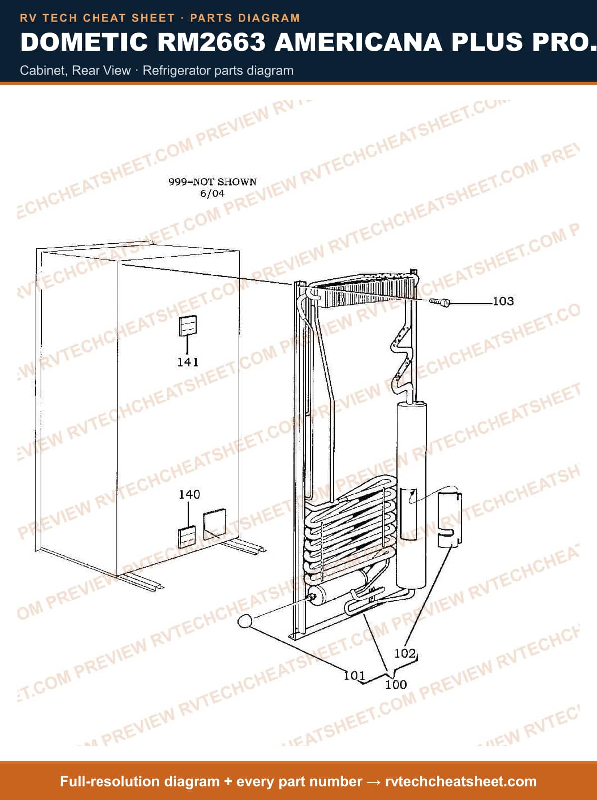 Dometic RM2663 Americana Plus Product # 921144105 Black cabinet, rear view — parts list sheet