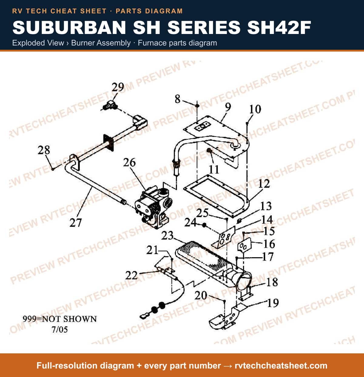 Suburban Sh Series SH42F exploded view › burner assembly — exploded parts diagram