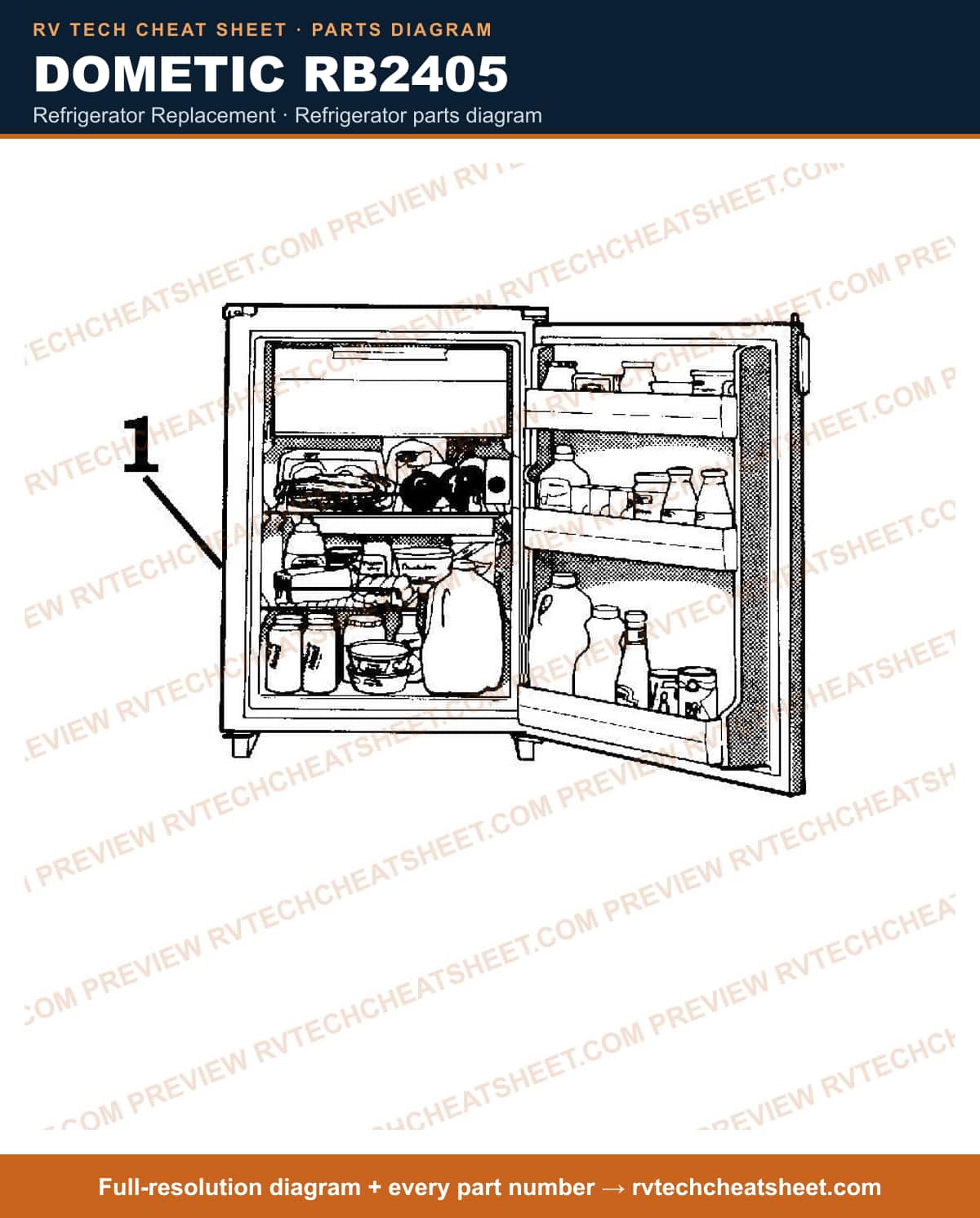 Dometic RB2405 refrigerator replacement — exploded parts diagram