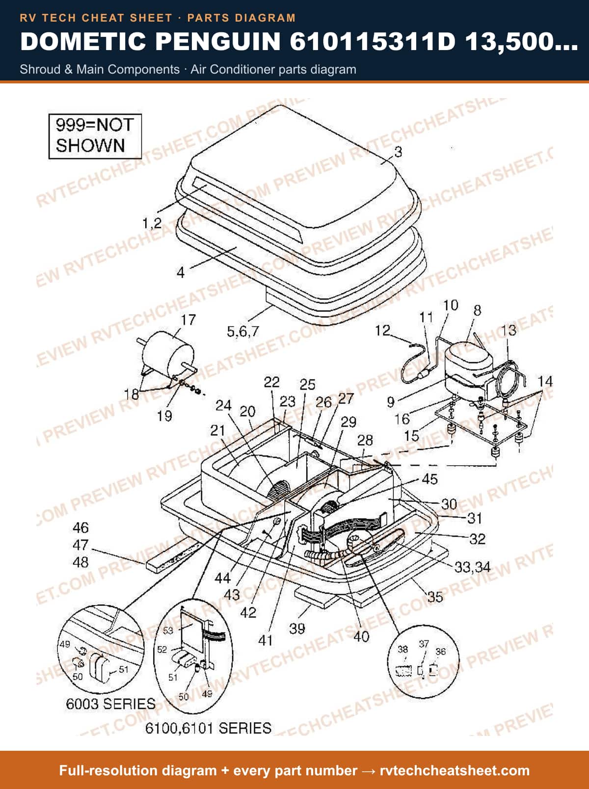 Dometic Penguin 610115311D 13,500 BTU shroud & main components — parts list sheet