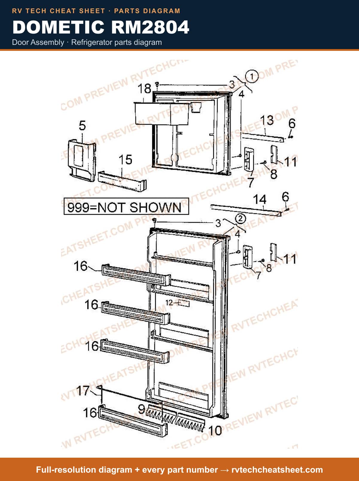 Dometic RM2804 door assembly — parts list sheet