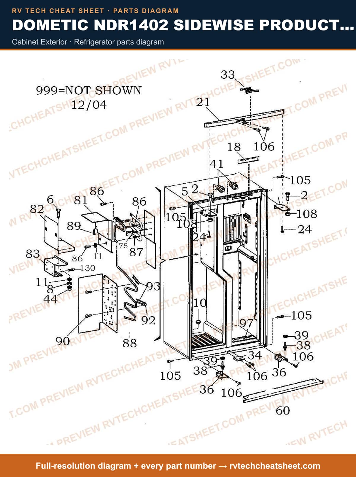 Dometic NDR1402 Sidewise Product # 921148207 Stnls cabinet exterior — parts list sheet