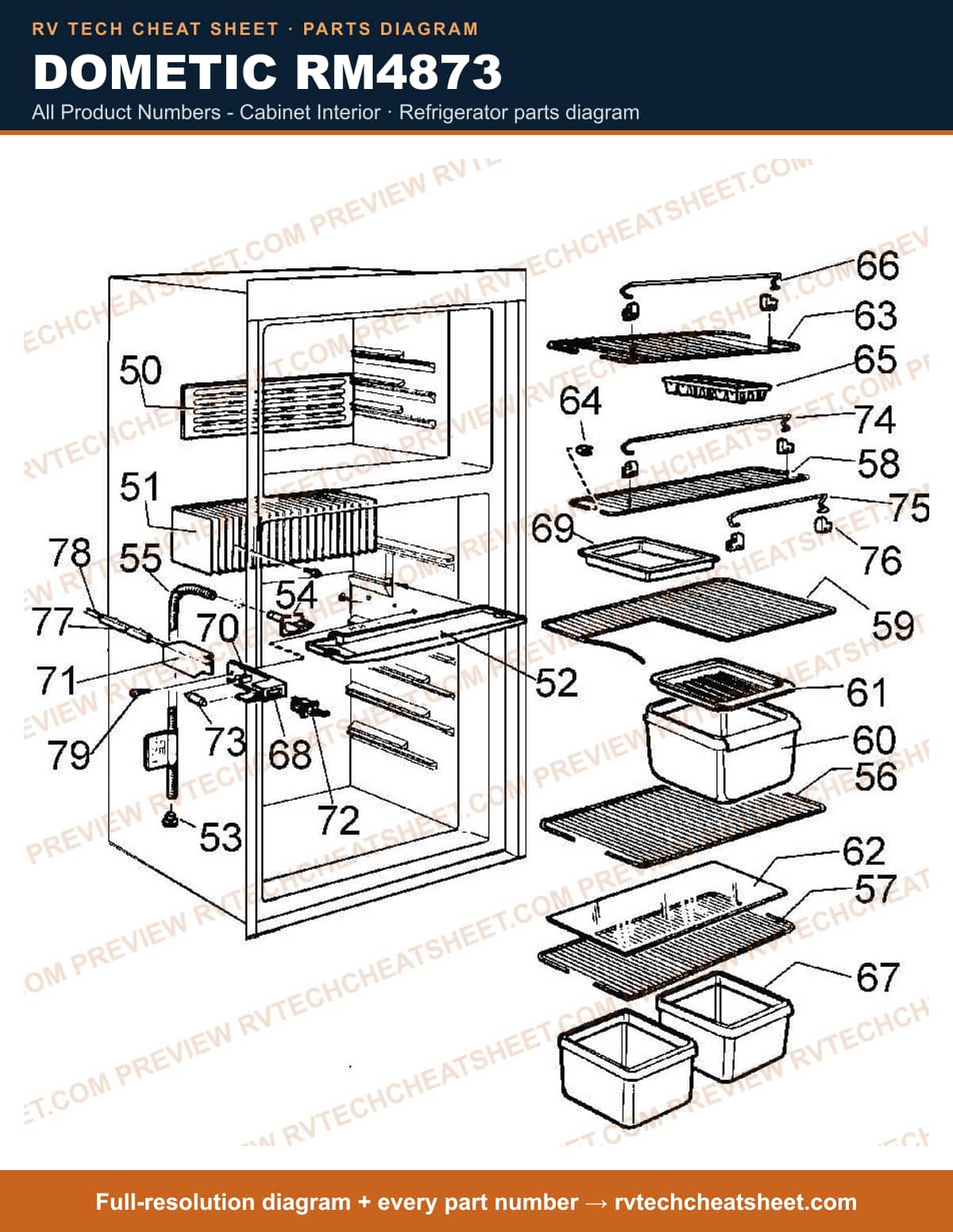 Dometic RM4873 all product numbers - cabinet interior — parts list sheet