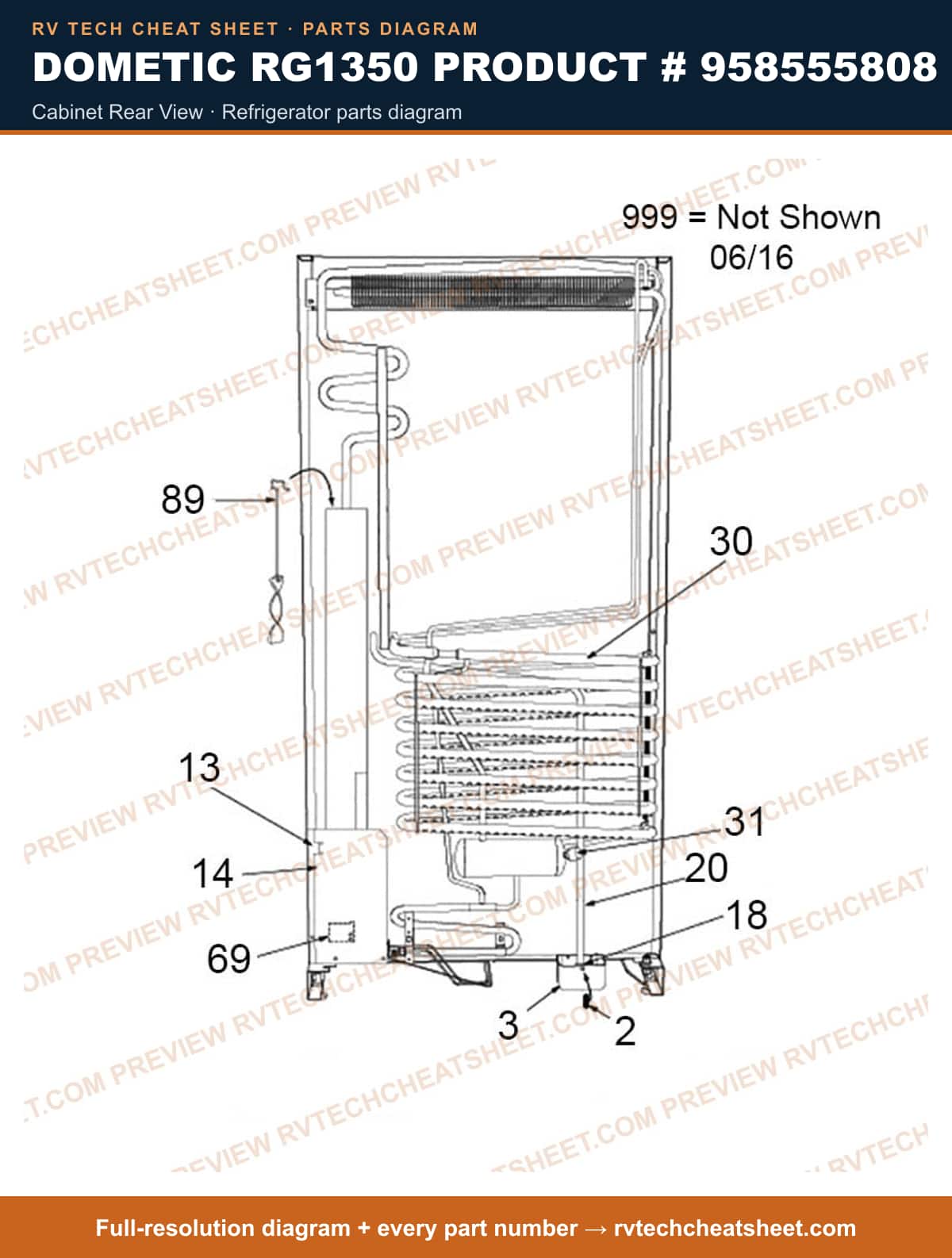 Dometic RG1350 Product # 958555808 cabinet rear view — exploded parts diagram