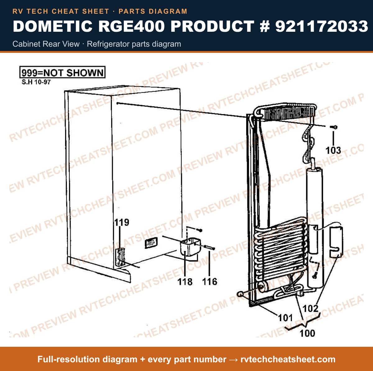 Dometic RGE400 Product # 921172033 cabinet rear view — exploded parts diagram