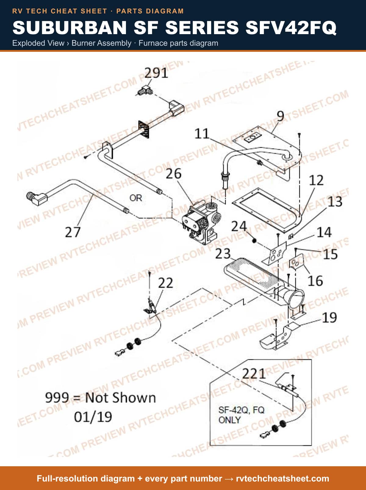 Suburban Sf Series SFV42FQ exploded view › burner assembly — exploded parts diagram 1 of 2