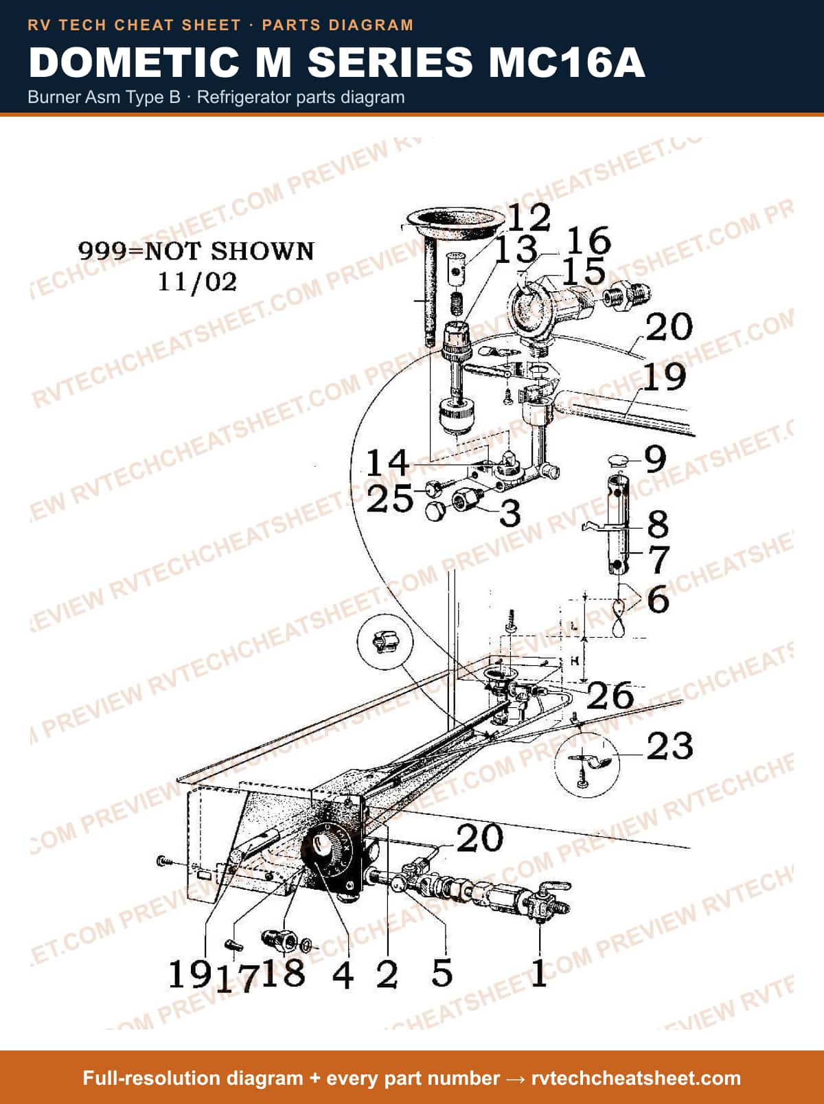 Dometic M Series MC16A burner asm type b — parts list sheet