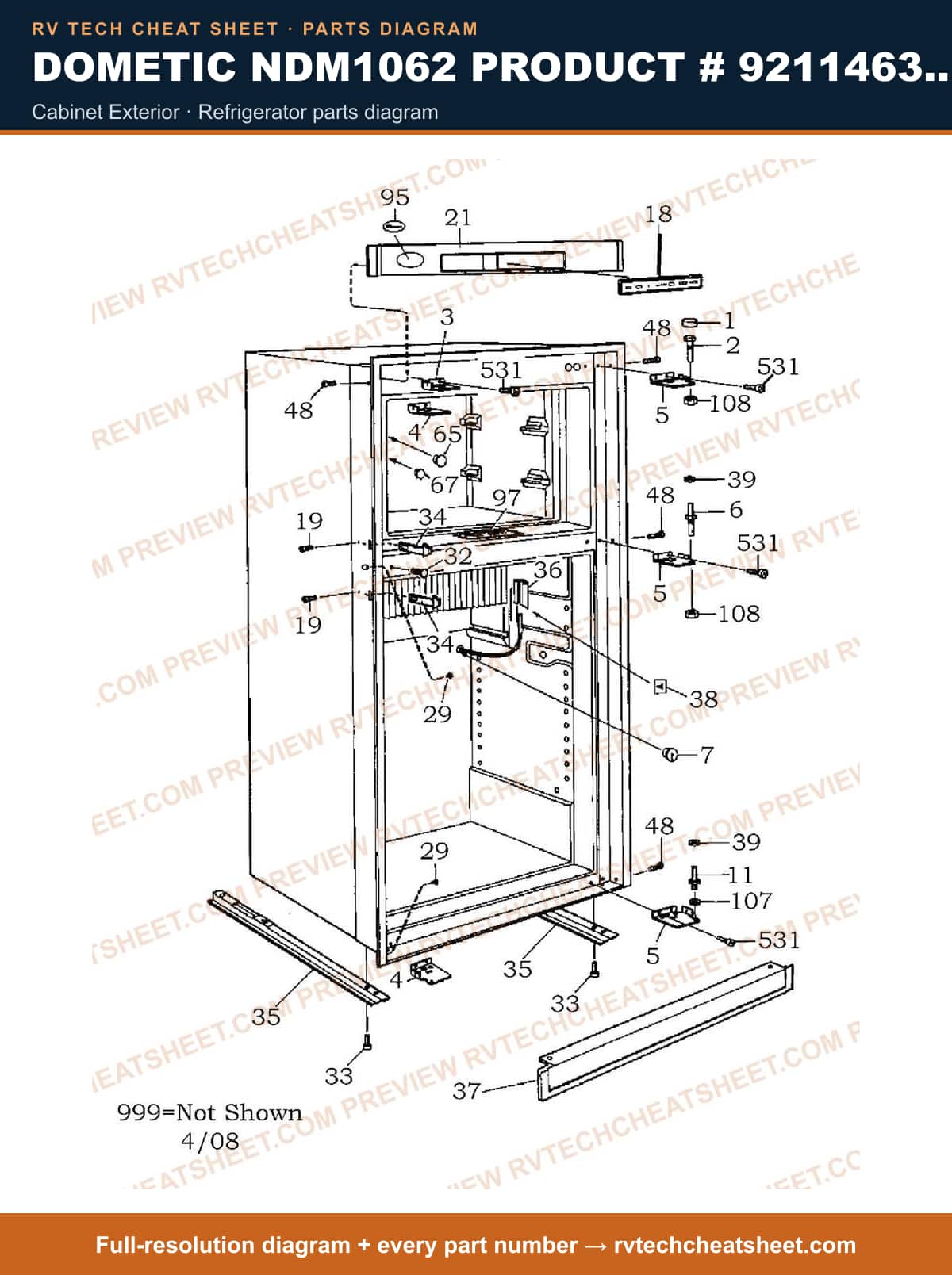 Dometic NDM1062 Product # 921146314 Black cabinet exterior — parts list sheet