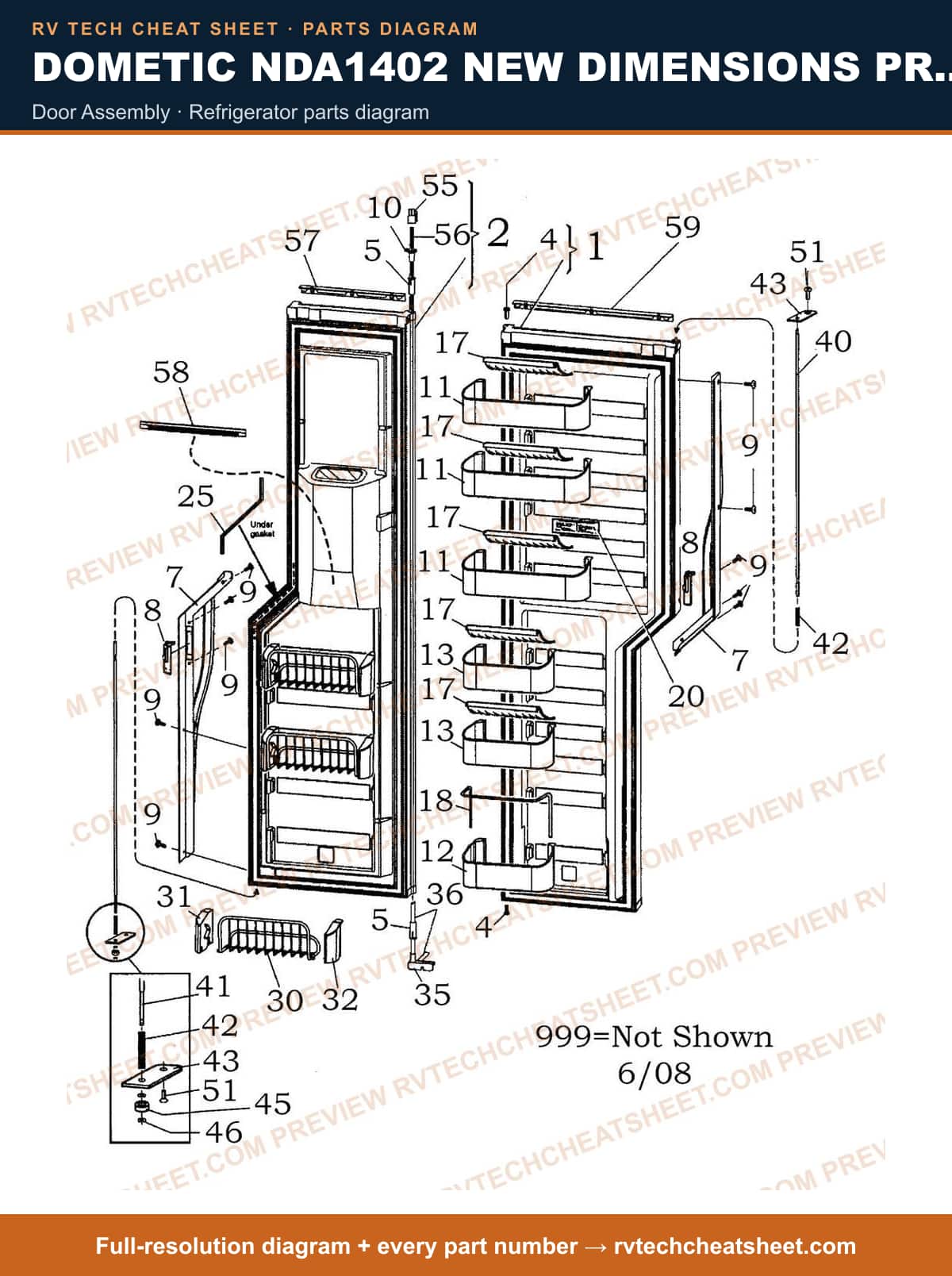 Dometic NDA1402 New Dimensions Product # 921148409 Black door assembly — parts list sheet