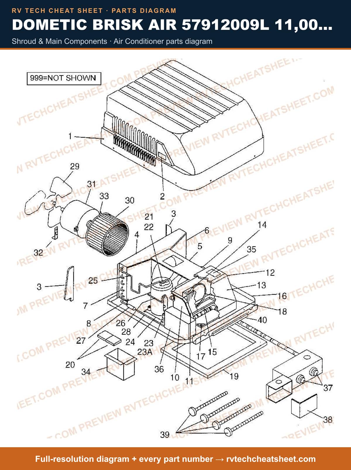 Dometic Brisk Air 57912009L 11,000 BTU shroud & main components — exploded parts diagram