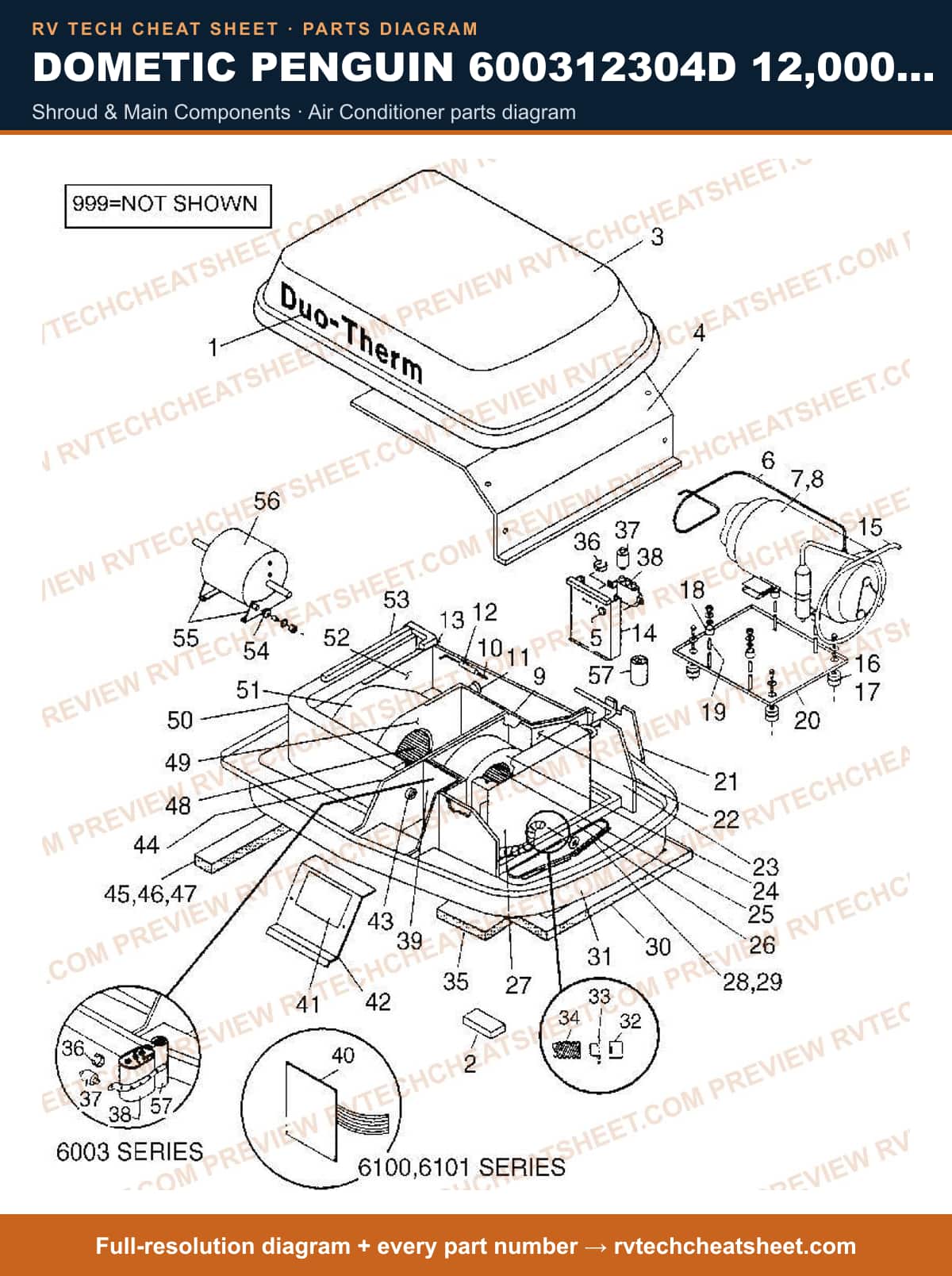 Dometic Penguin 600312304D 12,000 BTU shroud & main components — exploded parts diagram