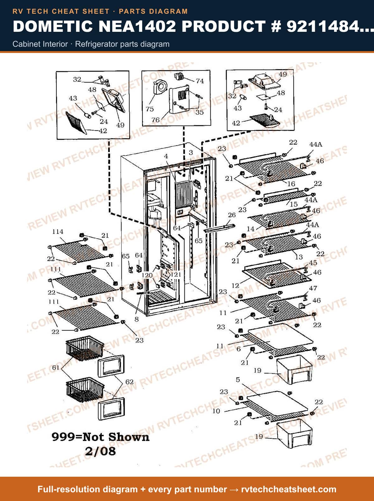 Dometic NEA1402 Product # 921148410 cabinet interior — parts list sheet