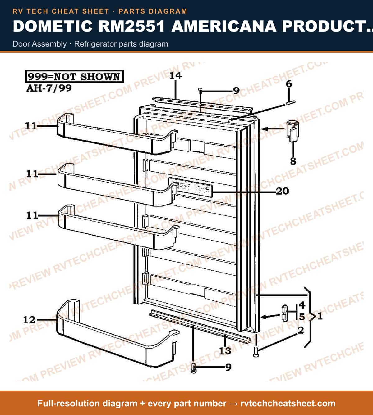 Dometic RM2551 Americana Product # 921142110 Silver door assembly — parts list sheet