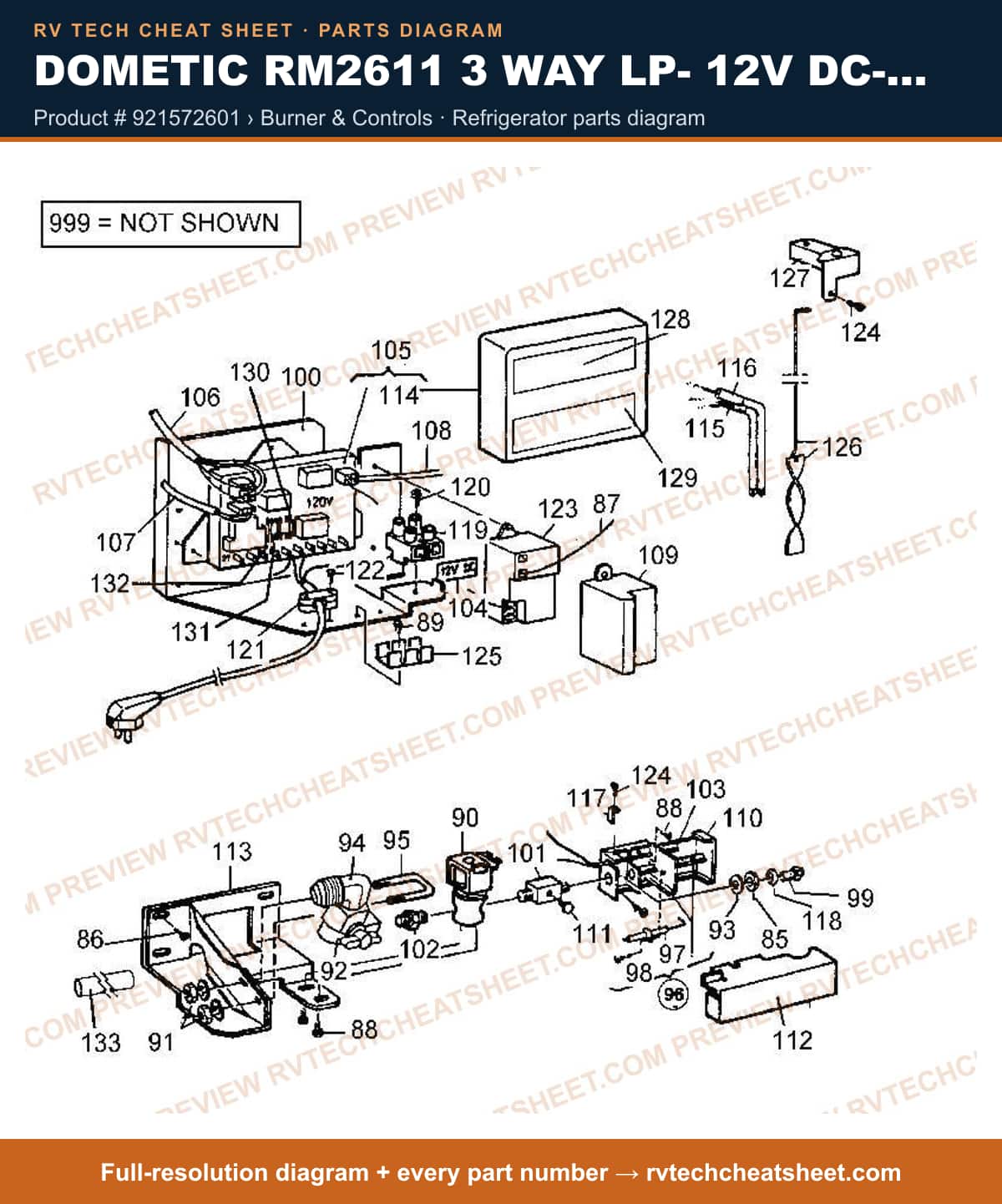 Dometic RM2611 3 Way Lp- 12V Dc- 110V AC product # 921572601 › burner & controls — exploded parts diagram