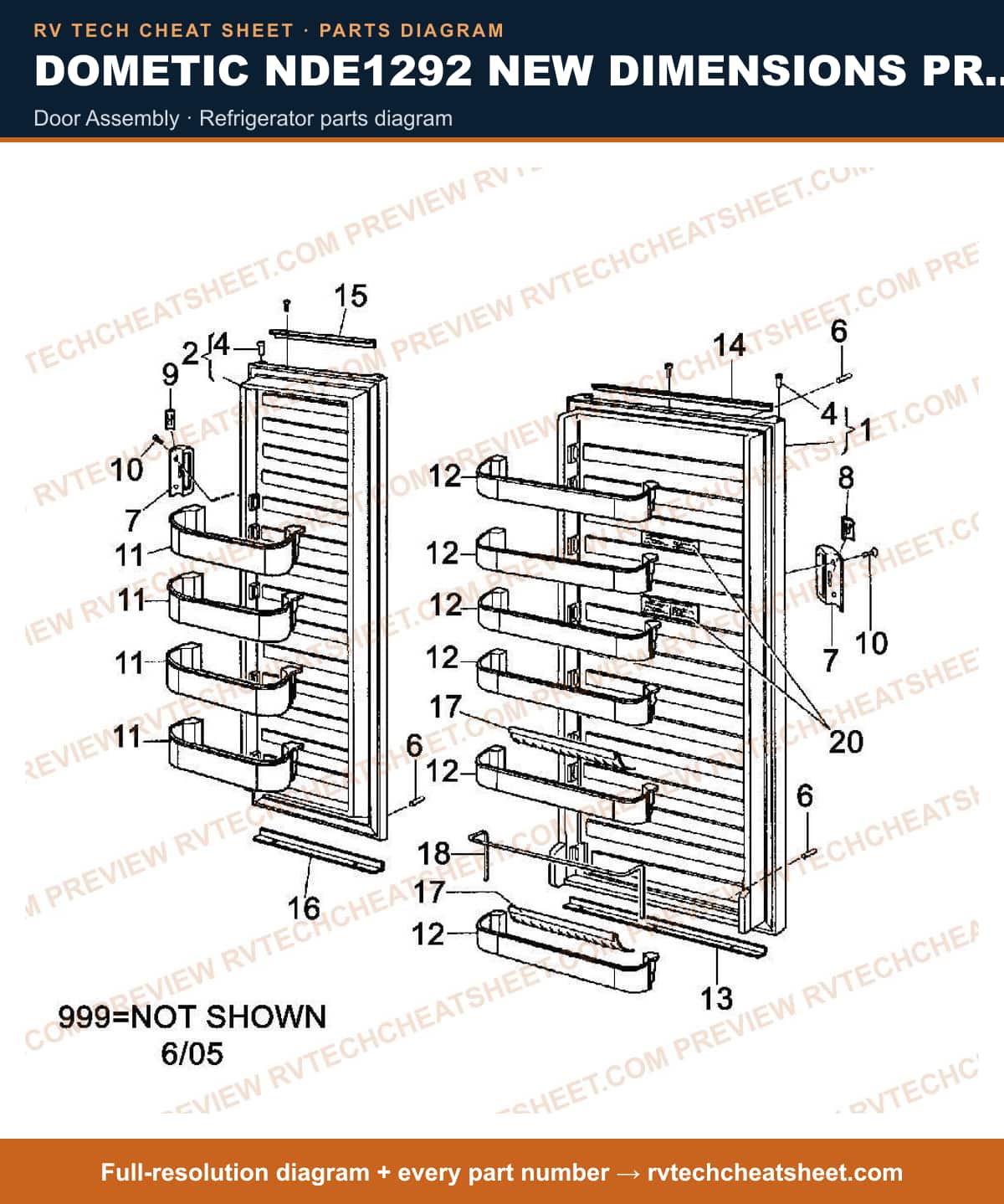 Dometic NDE1292 New Dimensions Product # 921148104 Black door assembly — parts list sheet