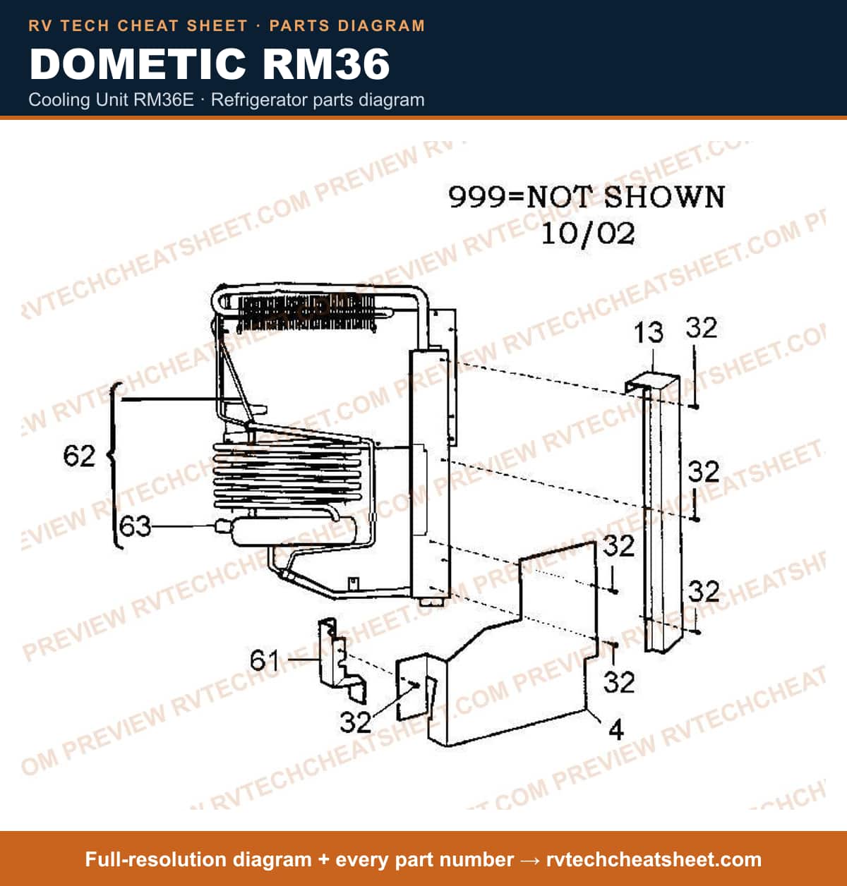 Dometic RM36 cooling unit rm36e — parts list sheet