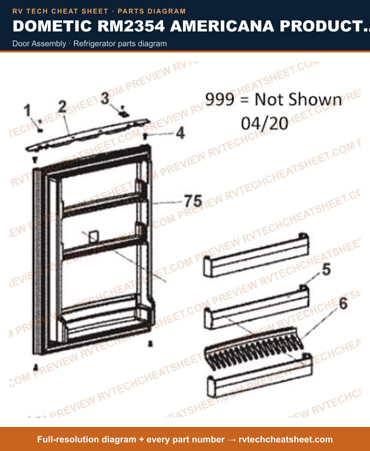 Dometic RM2354 Americana Product # 936002068 door assembly — parts list sheet