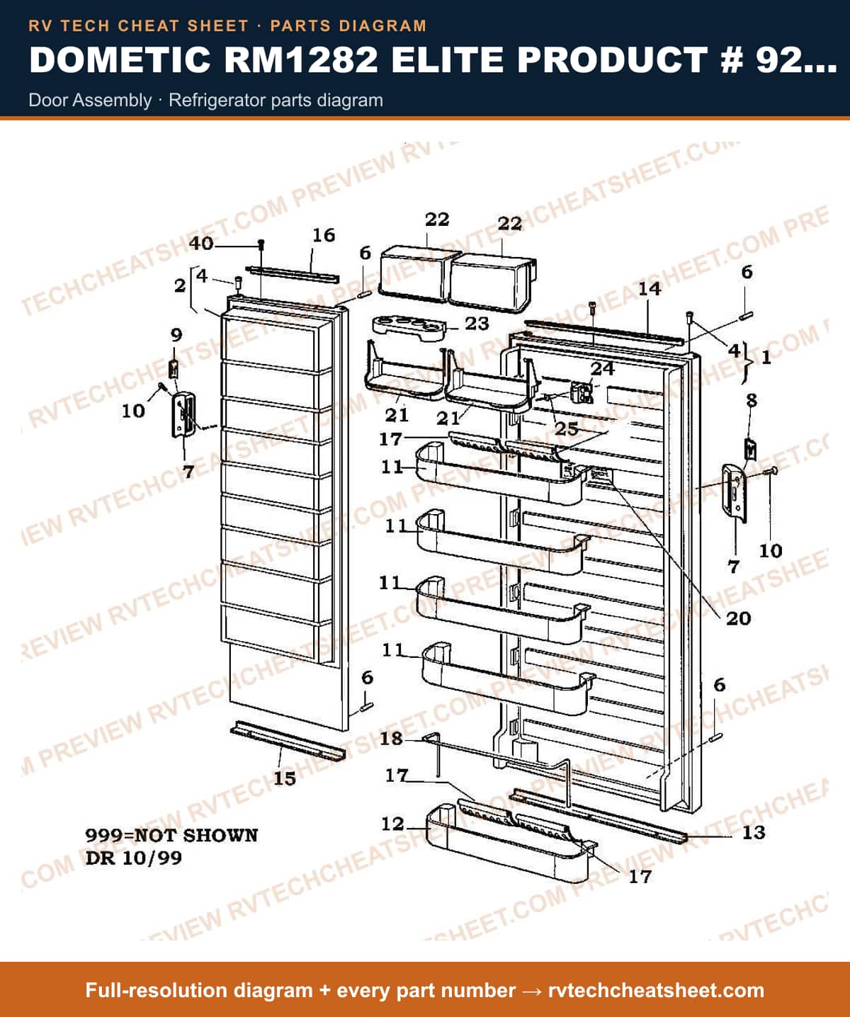 Dometic RM1282 Elite Product # 921148088 door assembly — parts list sheet