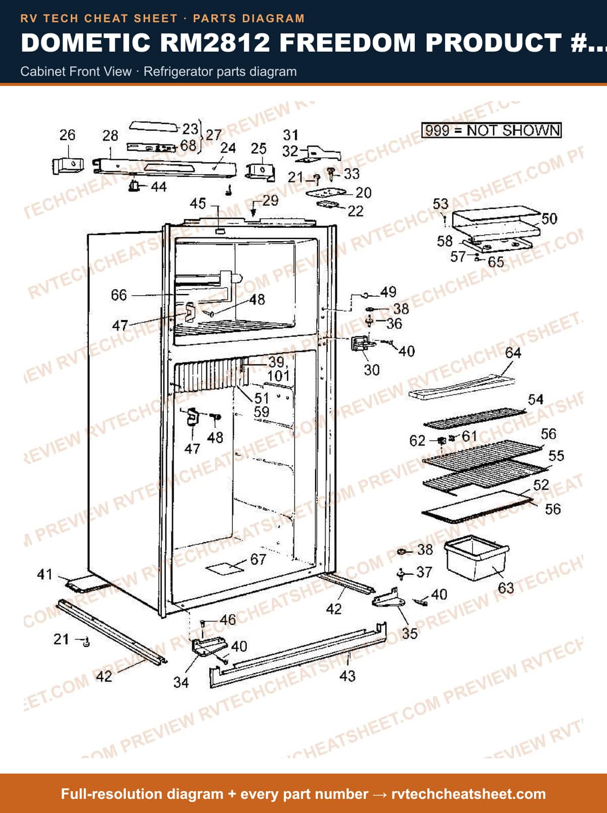 Dometic RM2812 Freedom Product # 921594701 cabinet front view — parts list sheet