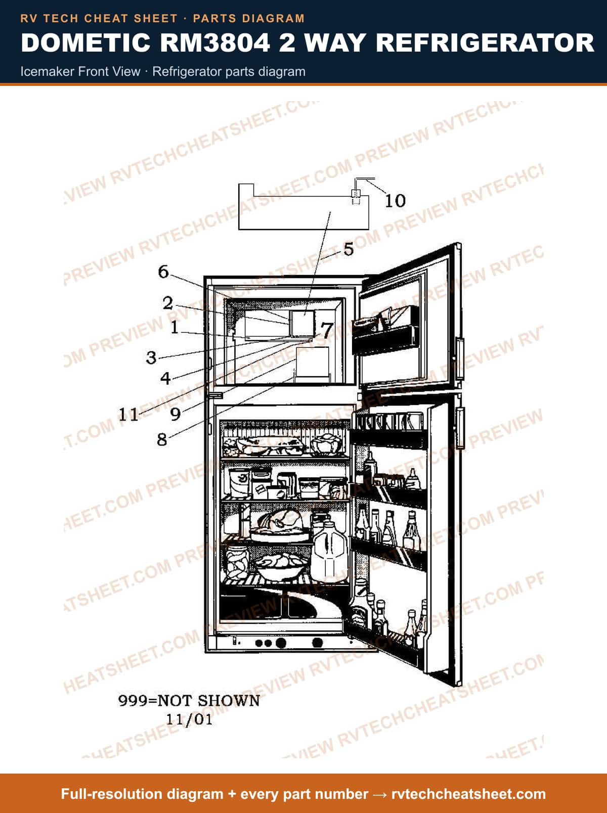 Dometic RM3804 2 Way Refrigerator icemaker front view — parts list sheet