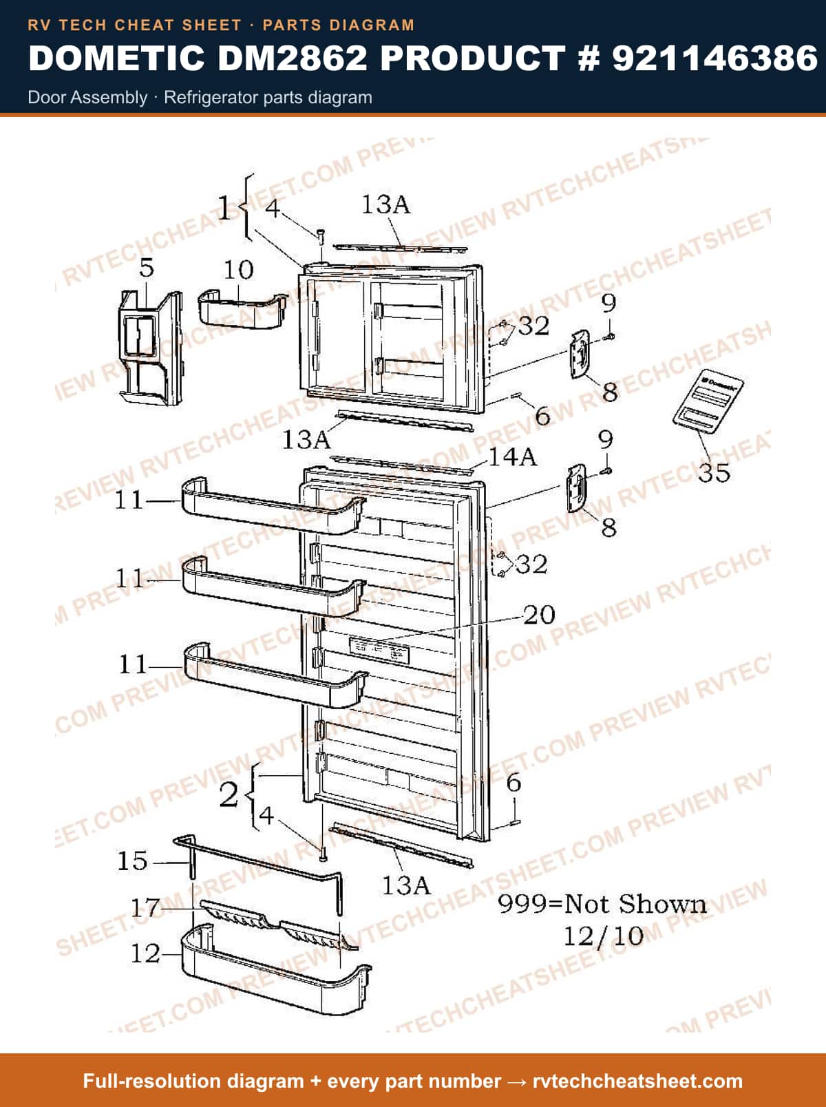 Dometic DM2862 Product # 921146386 door assembly — parts list sheet