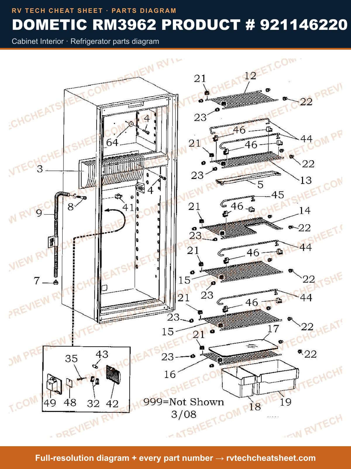 Dometic RM3962 Product # 921146220 cabinet interior — parts list sheet