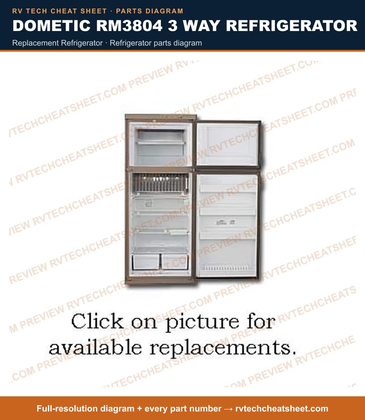 Dometic RM3804 3 Way Refrigerator replacement refrigerator — parts list sheet
