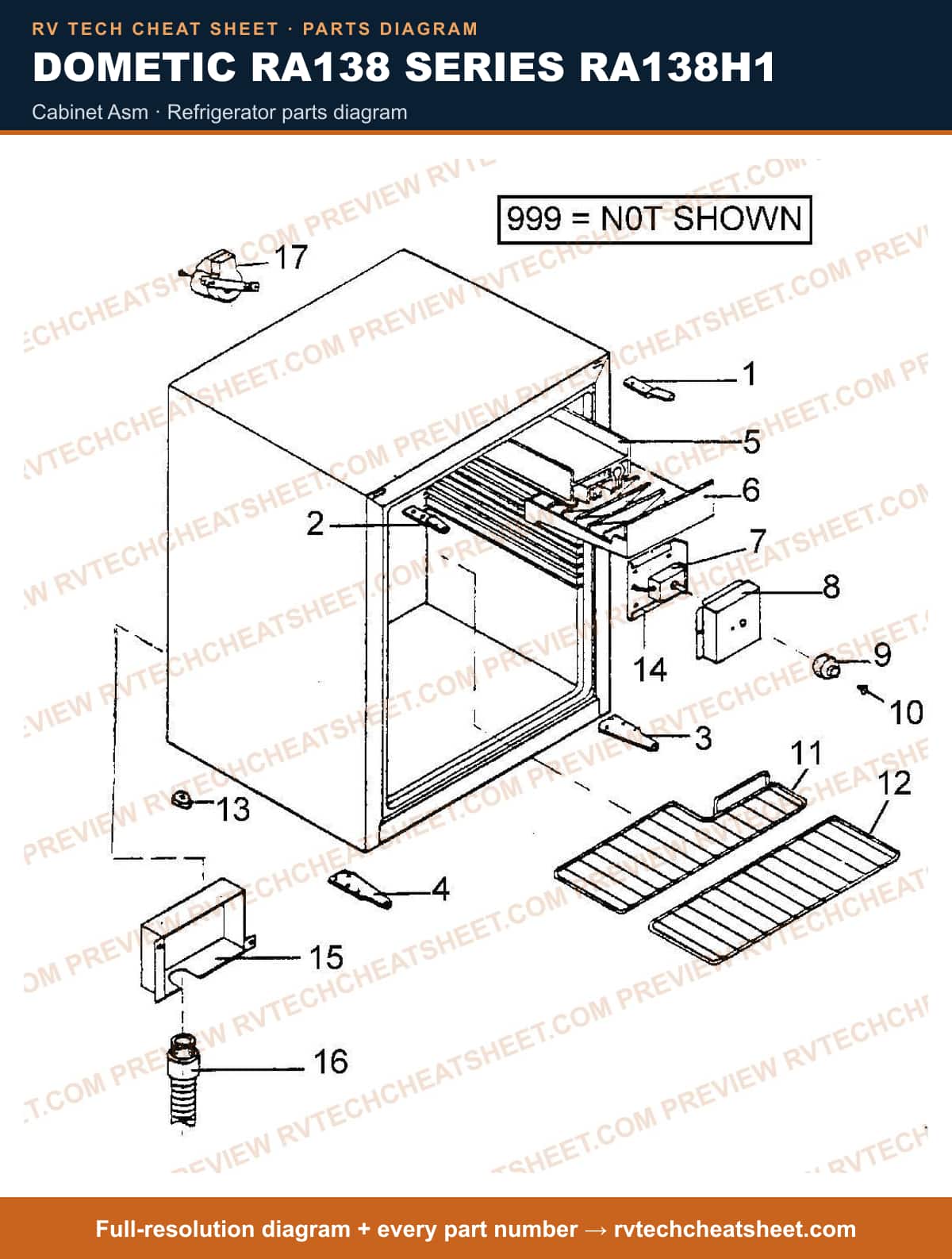 Dometic RA138 Series RA138H1 cabinet asm — exploded parts diagram