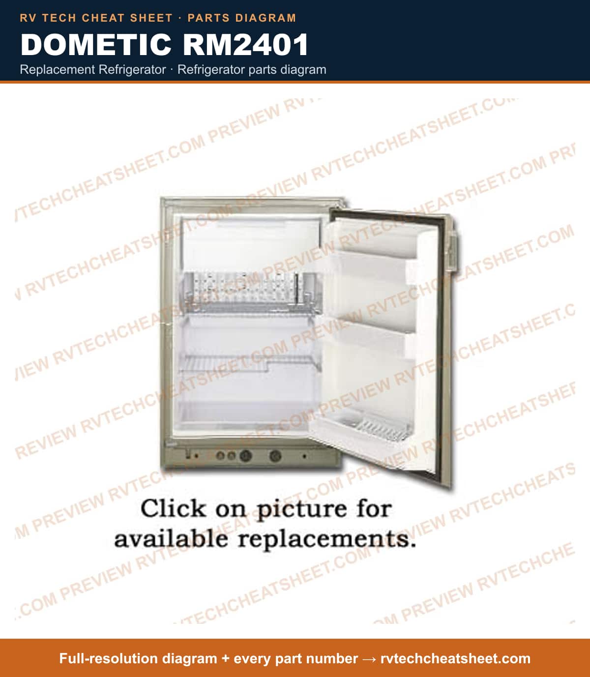 Dometic RM2401 replacement refrigerator — parts list sheet